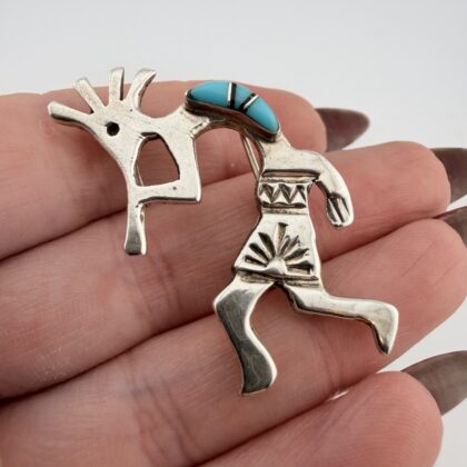 Vintage Arnold Maloney Native American Sterling Silver and Turquoise Inlay Kokopelli Flute Player Pendant / Brooch