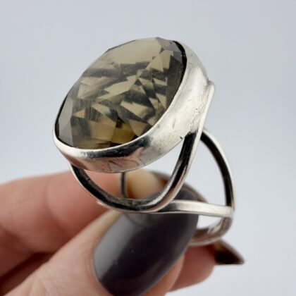 Vintage Modernist Sterling Silver and Smoky Quartz Statement Ring