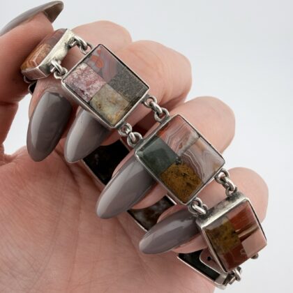 Victorian Scottish Sterling Silver and Agate Mosaic Panel Bracelet