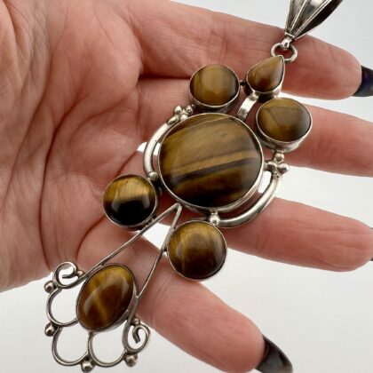 Very Large Vintage Sterling Silver and Tigers Eye Statement Pendant