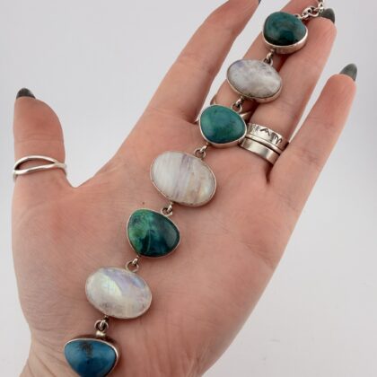 Hiho Sterling Silver, Turquoise and Moonstone Panel Bracelet