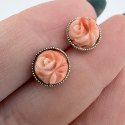 Vintage Sterling Silver and Carved Coral Rose Stud Earrings