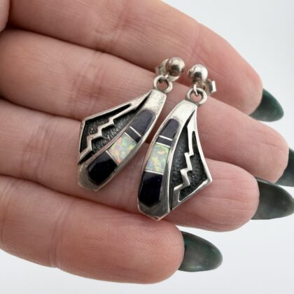 Vintage Ervin Hoskie Native American Sterling Silver, Onyx and Opal Earrings