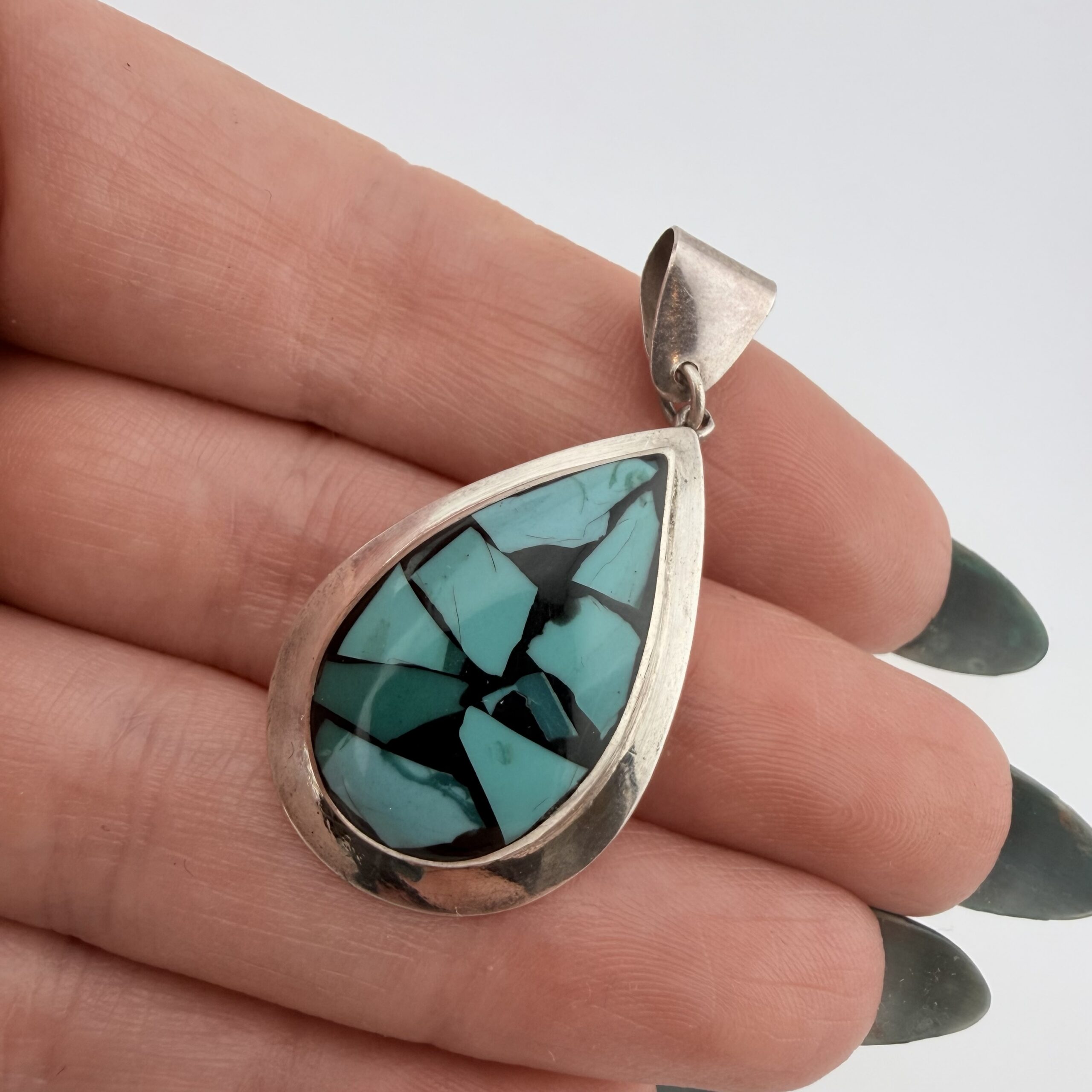 Vintage Israeli Sterling Silver and Turquoise Inlay Pendant