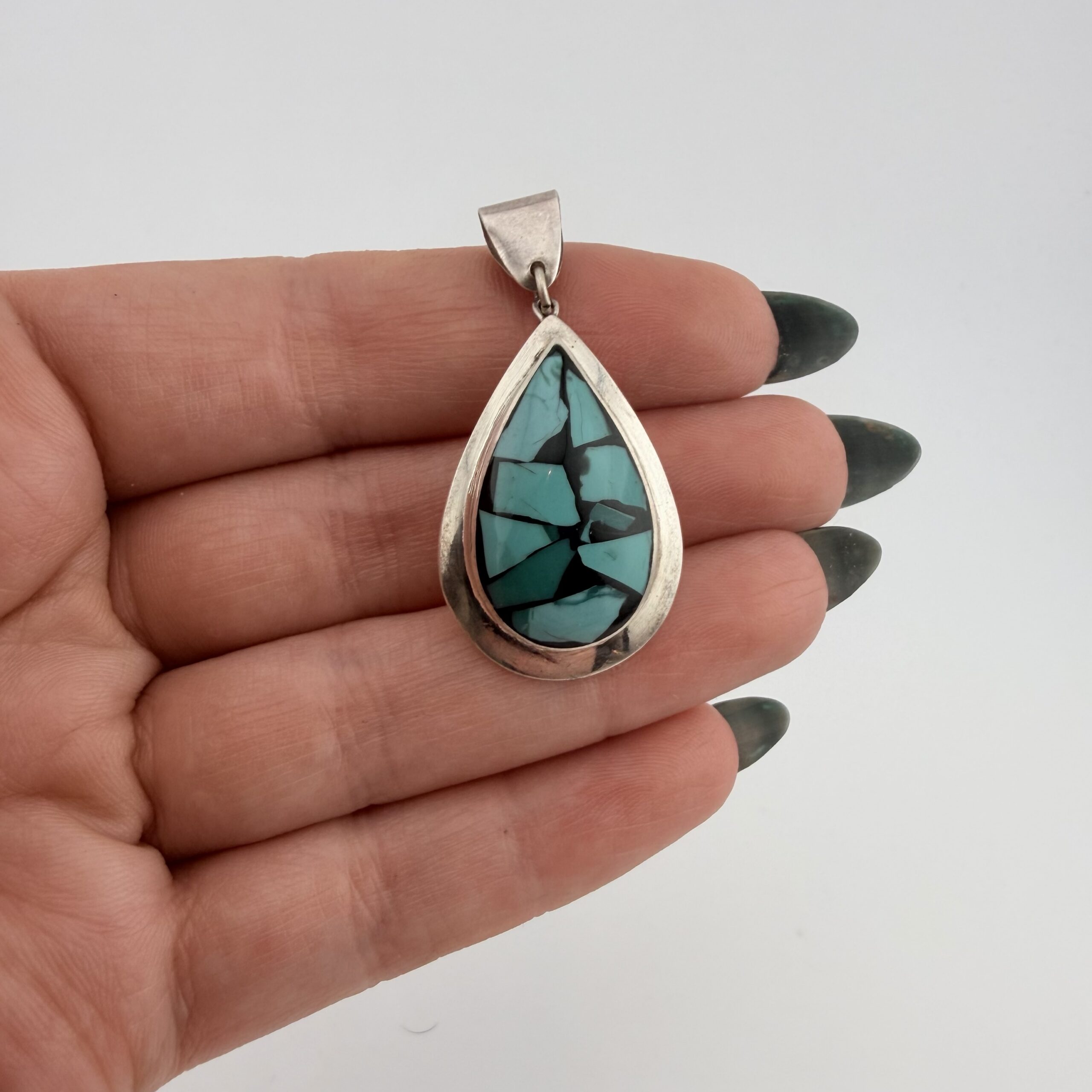 Vintage Israeli Sterling Silver and Turquoise Inlay Pendant - Image 2