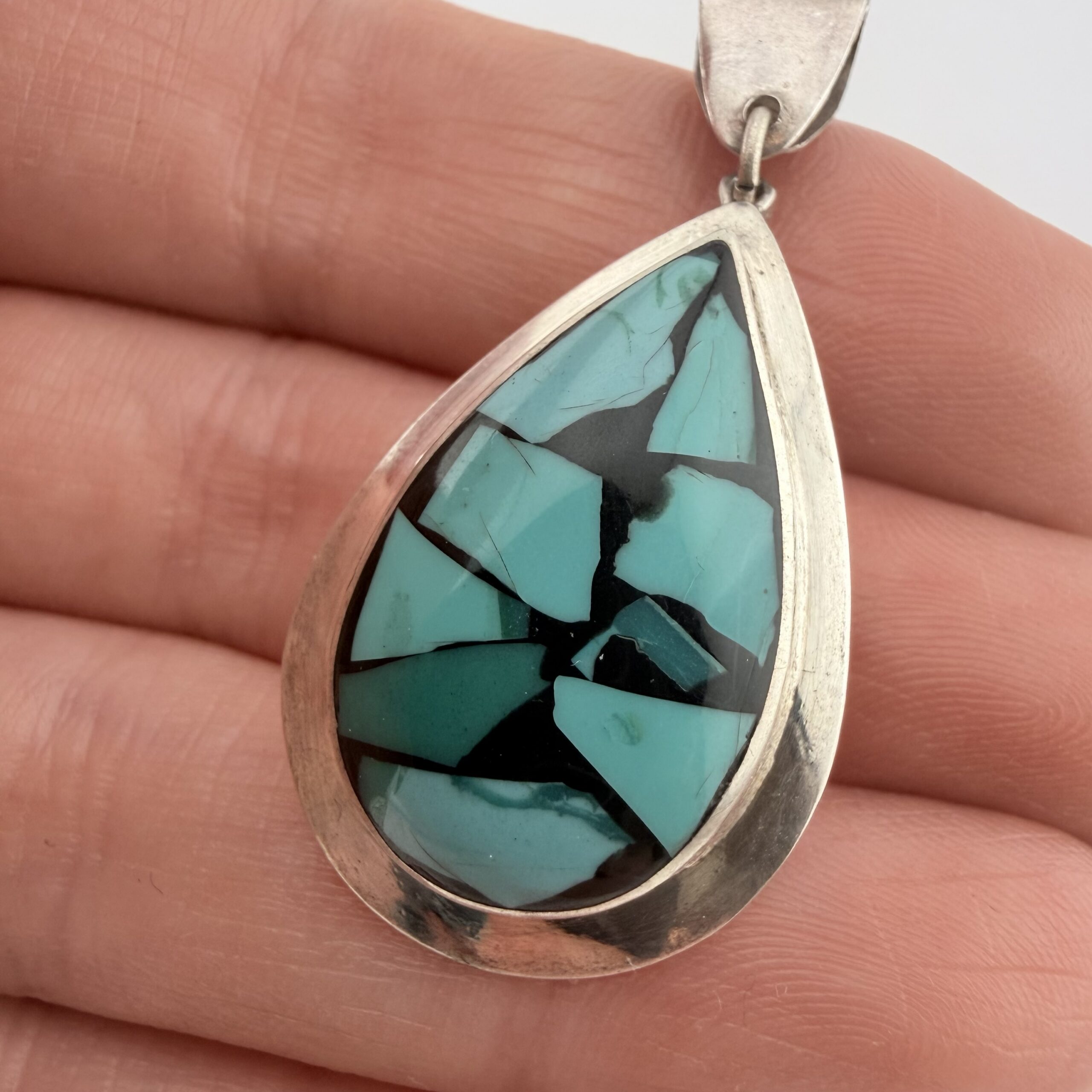 Vintage Israeli Sterling Silver and Turquoise Inlay Pendant - Image 3