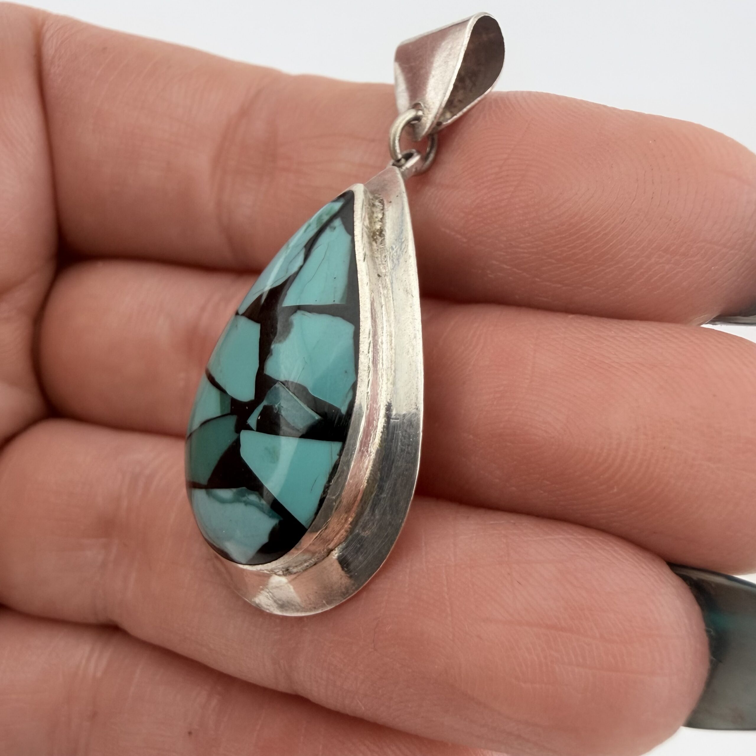 Vintage Israeli Sterling Silver and Turquoise Inlay Pendant - Image 4