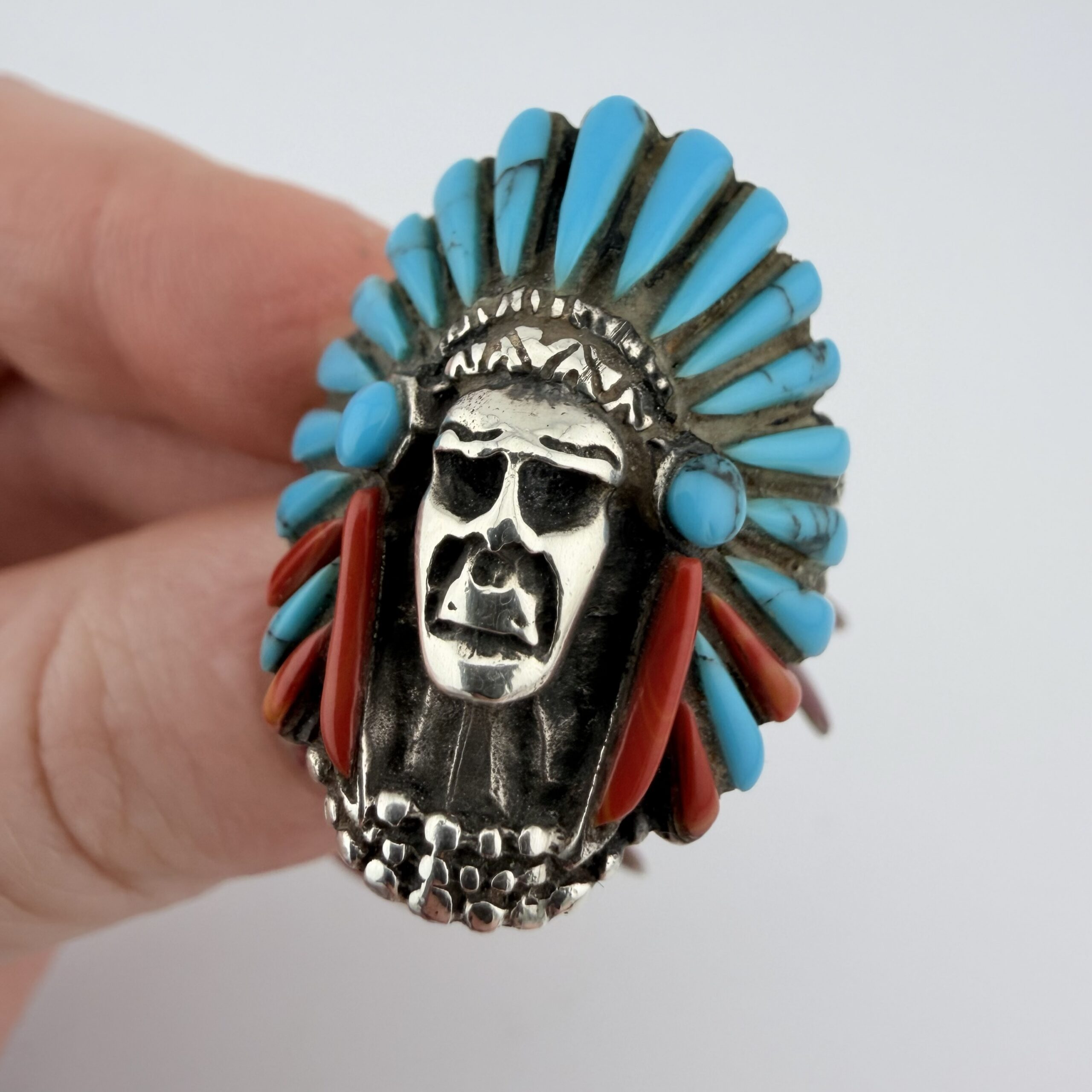 Native American Sterling Silver, Turquoise and Coral Chief Ring