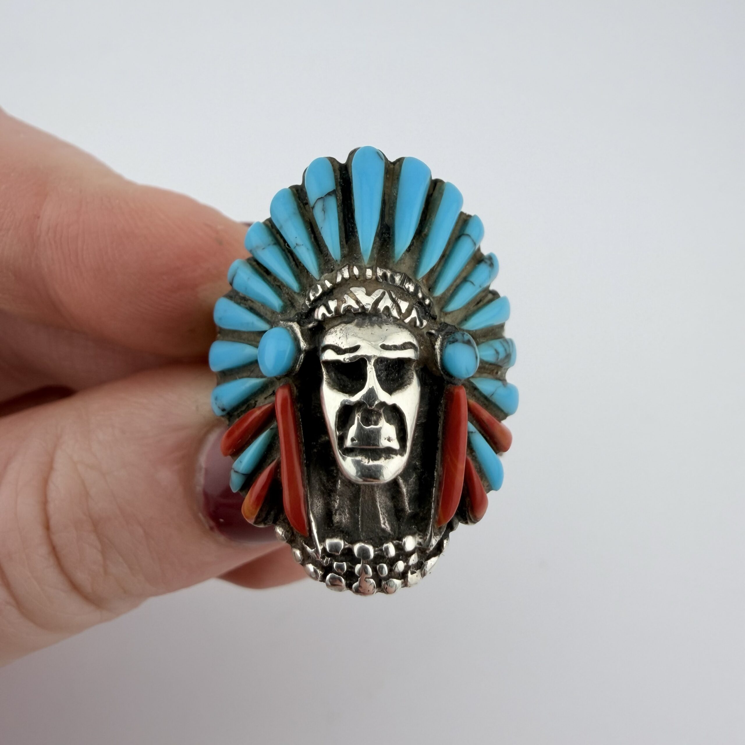 Native American Sterling Silver, Turquoise and Coral Chief Ring - Image 2