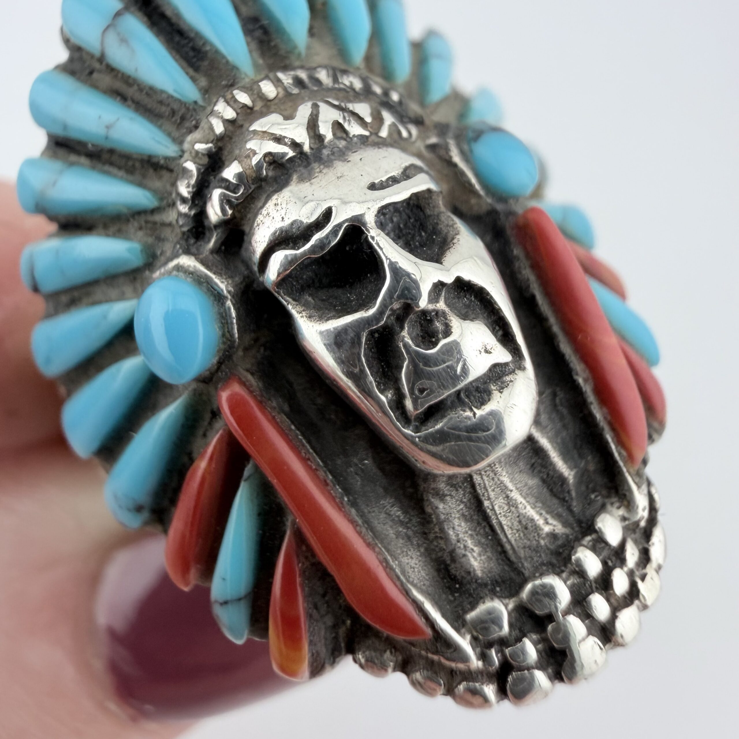 Native American Sterling Silver, Turquoise and Coral Chief Ring - Image 3
