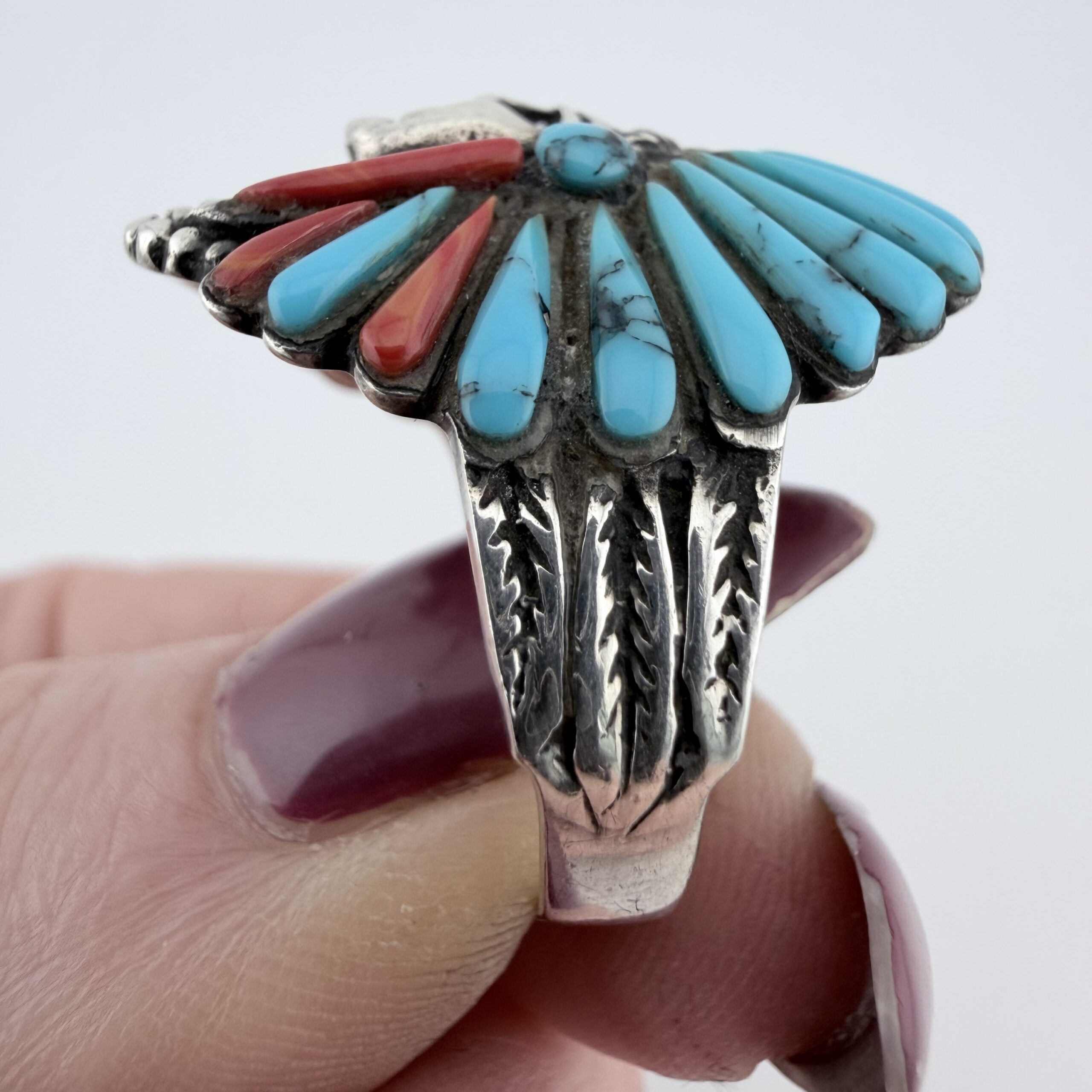 Native American Sterling Silver, Turquoise and Coral Chief Ring - Image 4