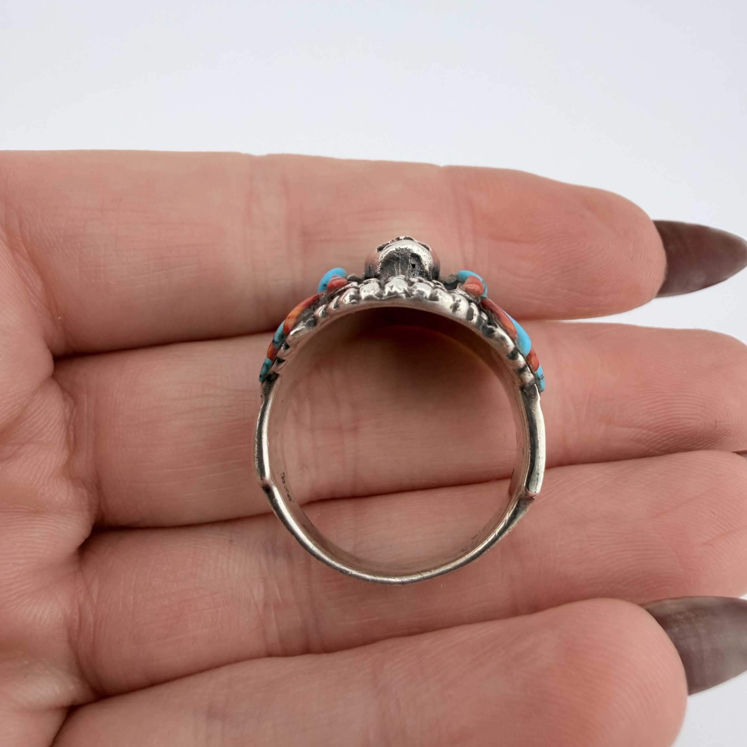Native American Sterling Silver, Turquoise and Coral Chief Ring - Image 5