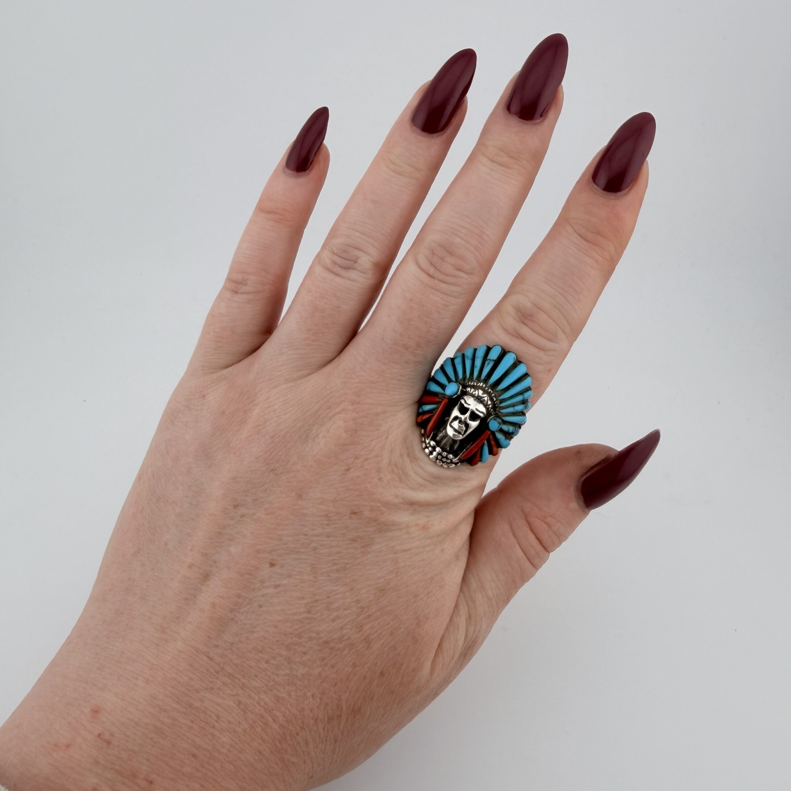 Native American Sterling Silver, Turquoise and Coral Chief Ring - Image 7