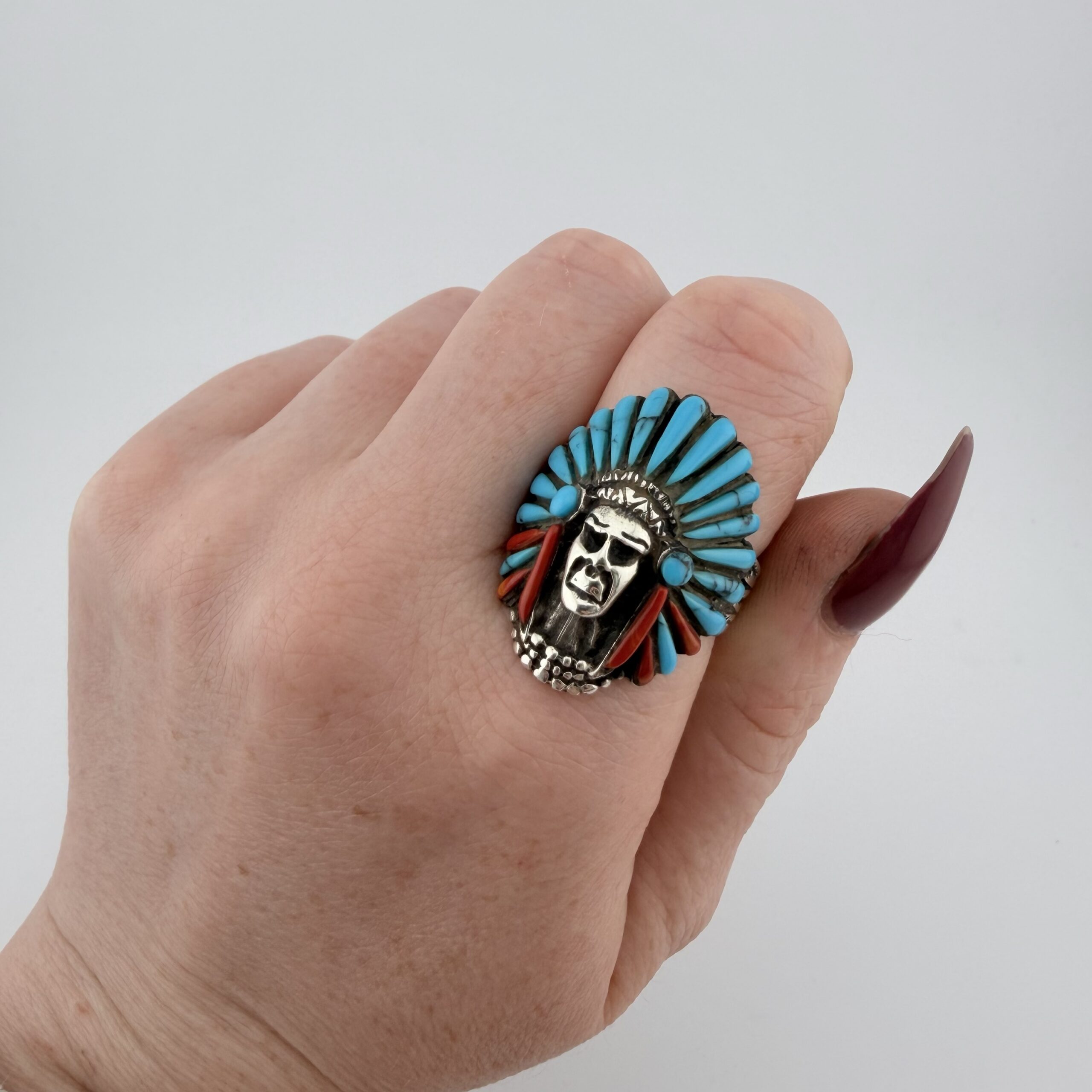 Native American Sterling Silver, Turquoise and Coral Chief Ring - Image 8
