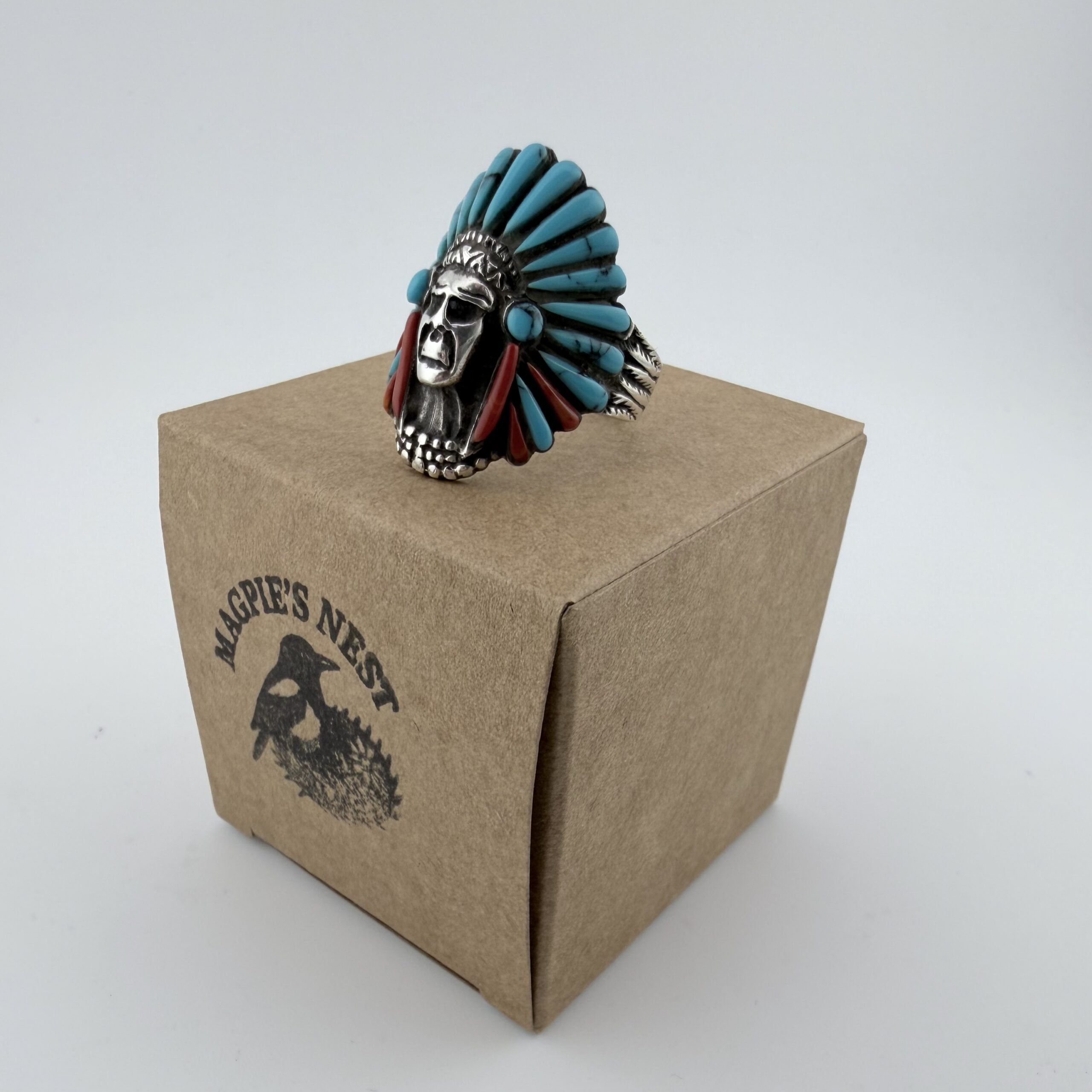 Native American Sterling Silver, Turquoise and Coral Chief Ring - Image 10