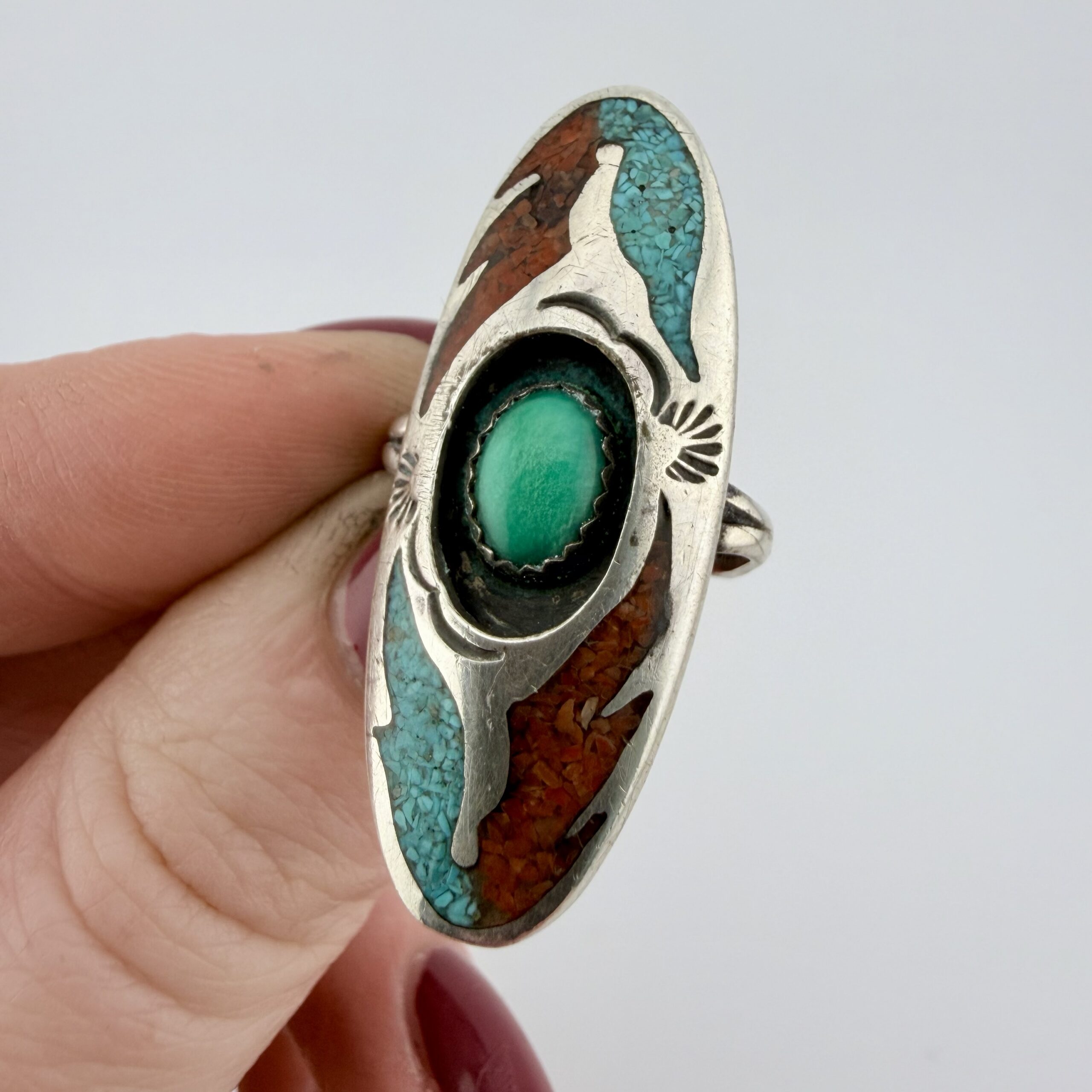 Vintage Native American Sterling Silver, Turquoise and Coral Shield Ring