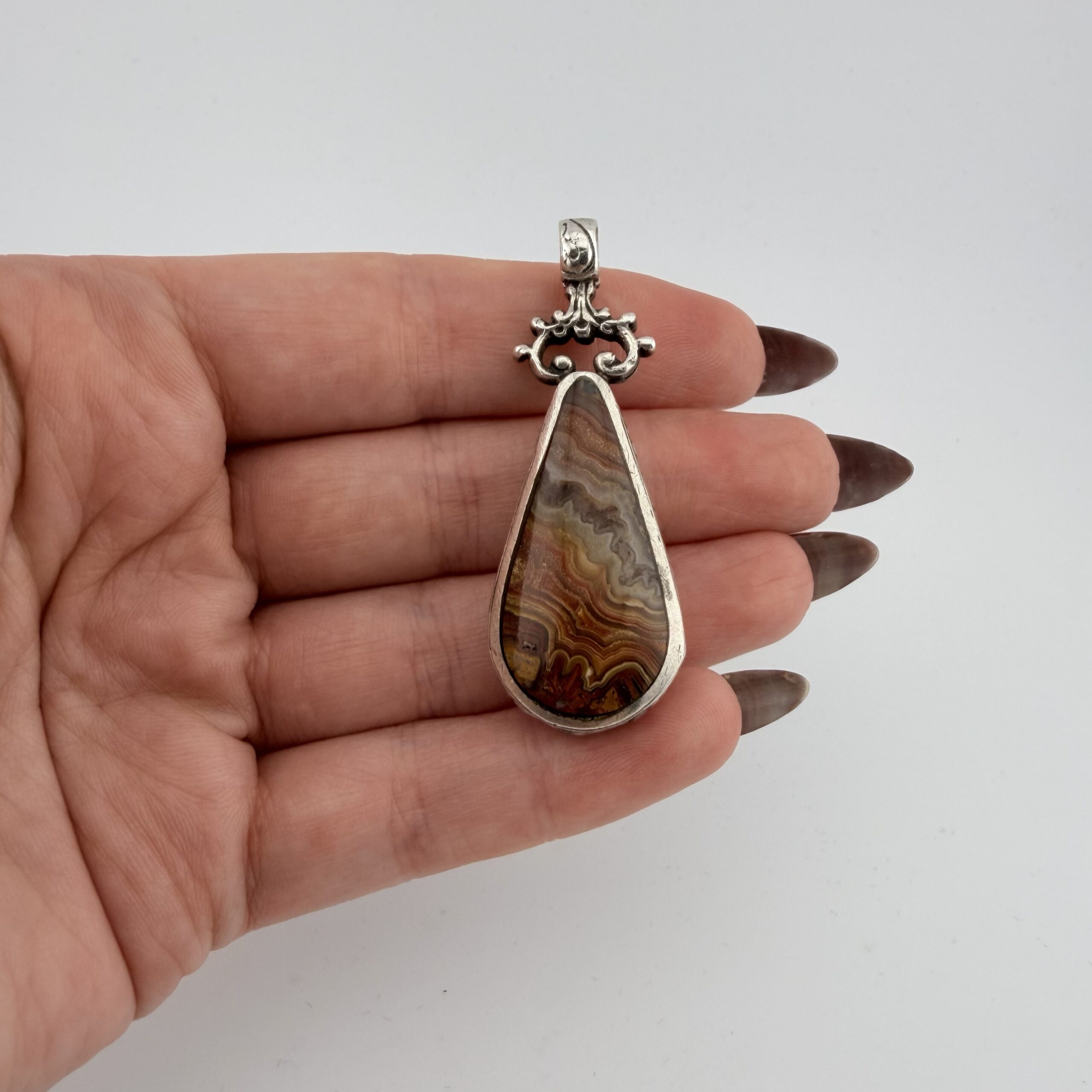Vintage David Scott Walker Sterling Silver, Mexican Crazy Lace and Honey Agate Double Sided Pendant - Image 2