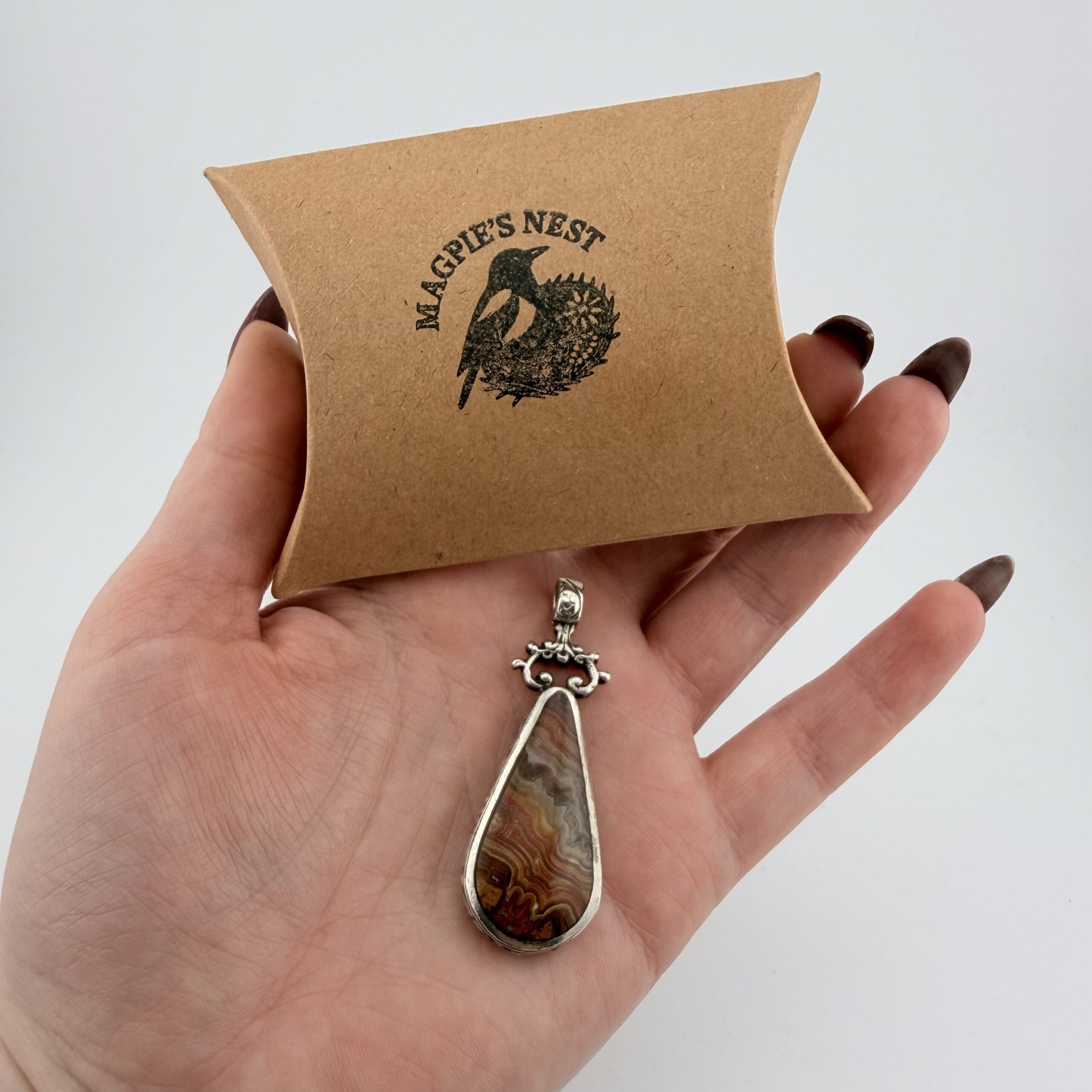 Vintage David Scott Walker Sterling Silver, Mexican Crazy Lace and Honey Agate Double Sided Pendant - Image 10