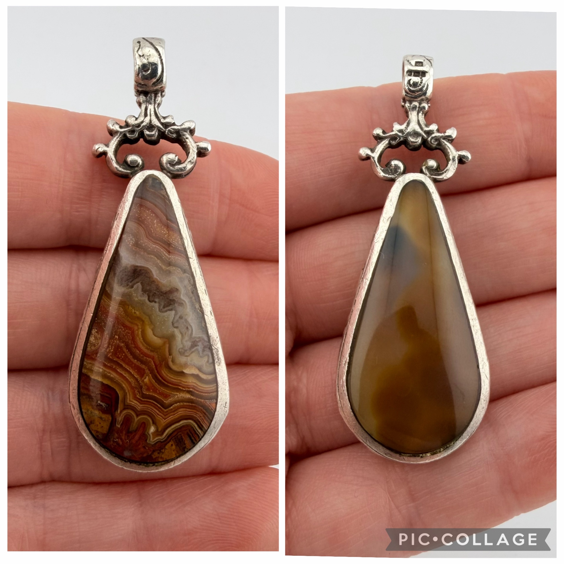 Vintage David Scott Walker Sterling Silver, Mexican Crazy Lace and Honey Agate Double Sided Pendant