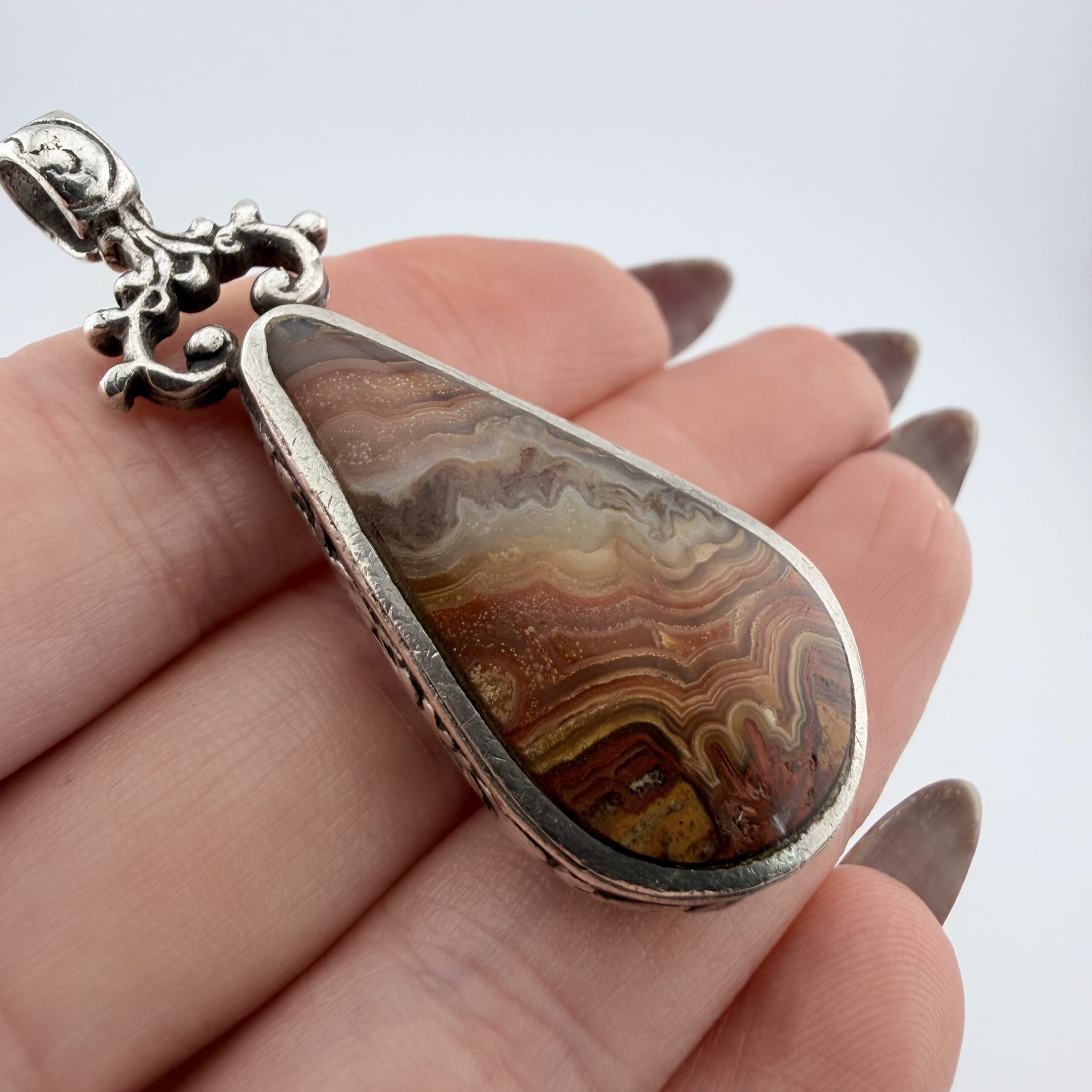 Vintage David Scott Walker Sterling Silver, Mexican Crazy Lace and Honey Agate Double Sided Pendant - Image 3
