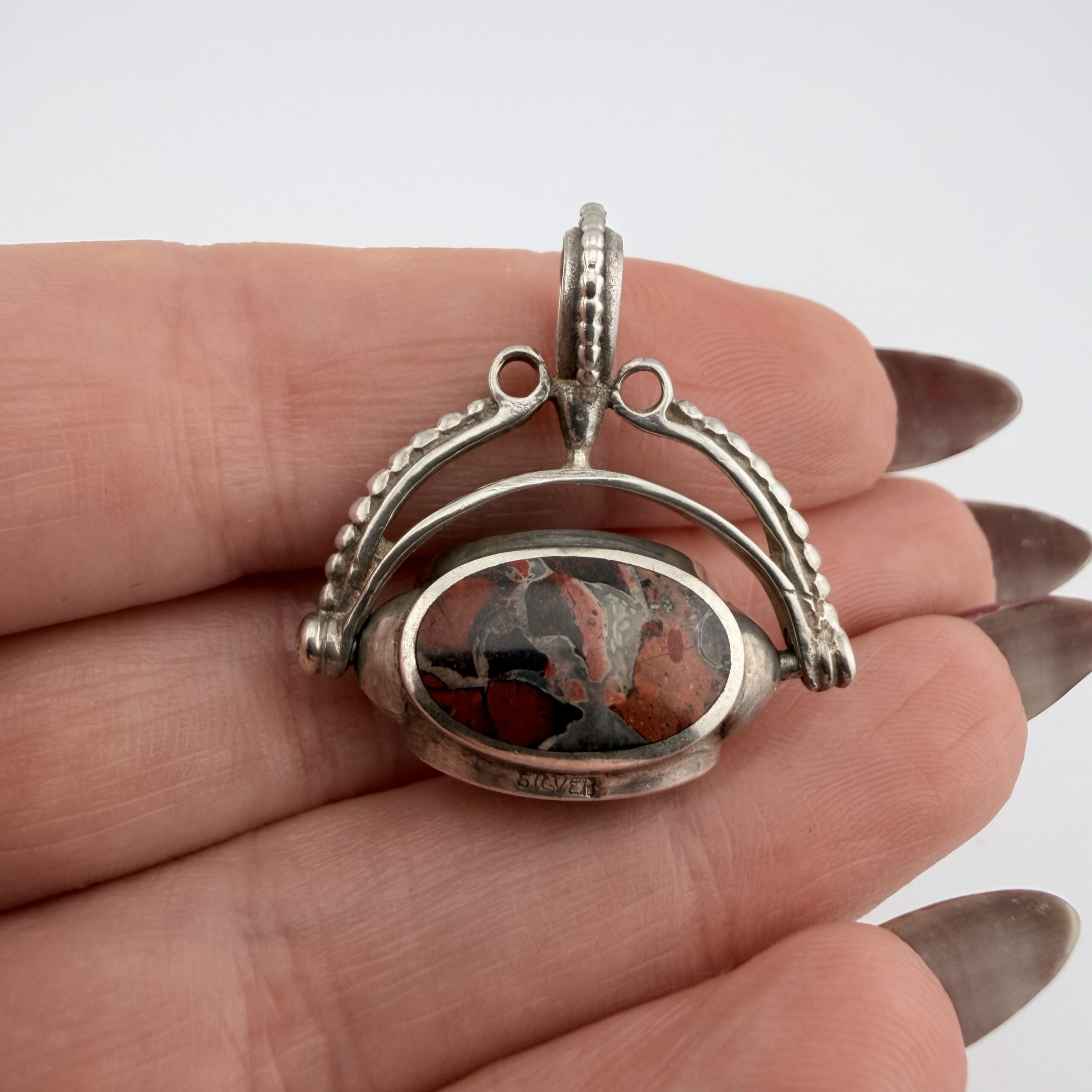 Vintage Sterling Silver, Triple Sided Jasper, Agate and Onyx Spinning Fob Pendant - Image 2
