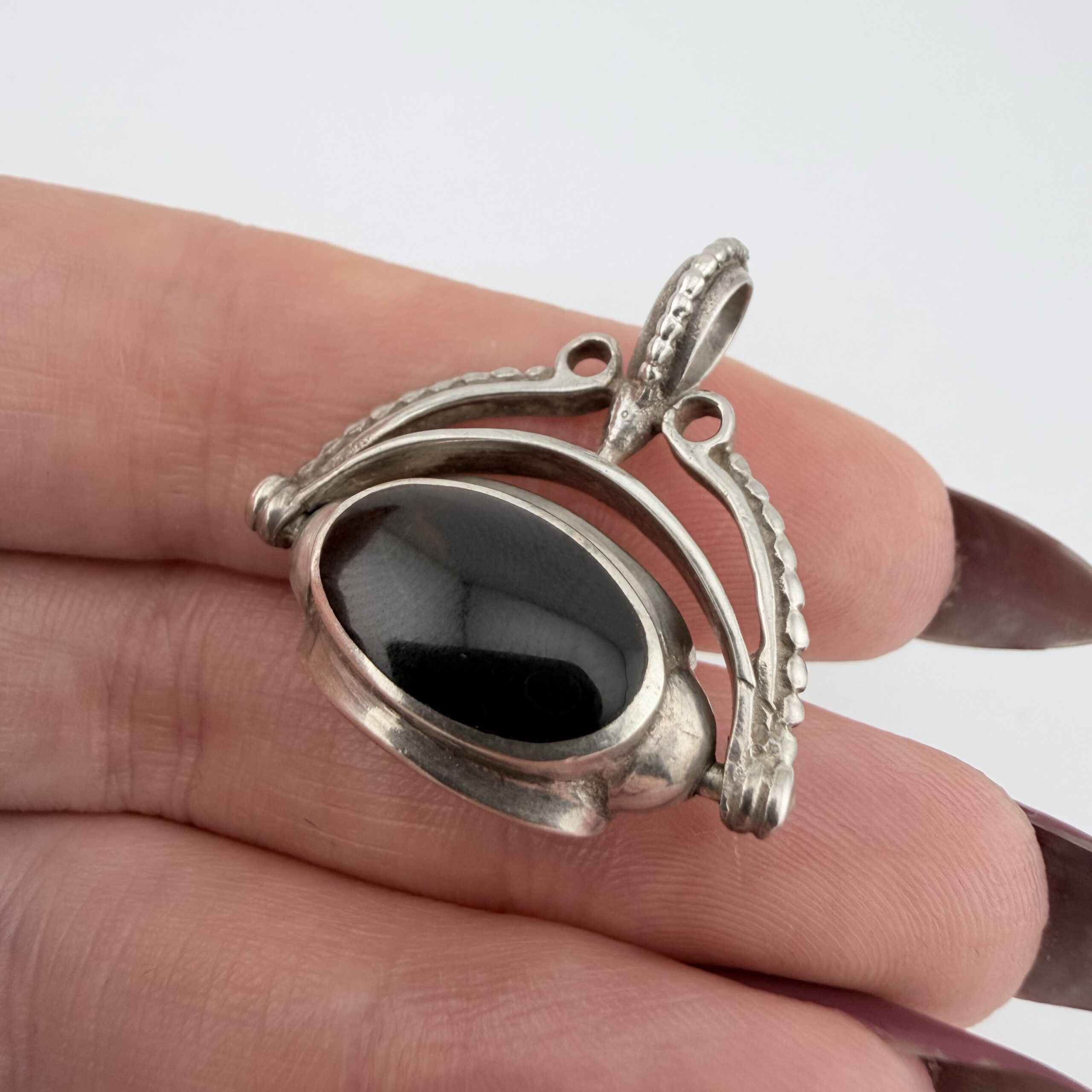 Vintage Sterling Silver, Triple Sided Jasper, Agate and Onyx Spinning Fob Pendant - Image 5