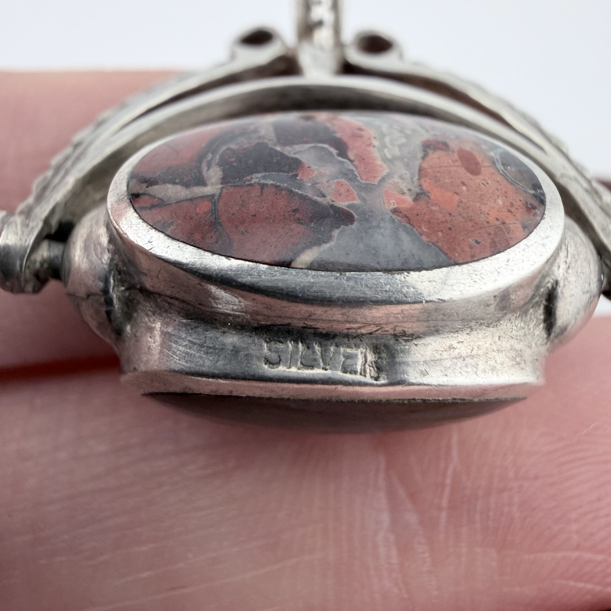 Vintage Sterling Silver, Triple Sided Jasper, Agate and Onyx Spinning Fob Pendant - Image 7