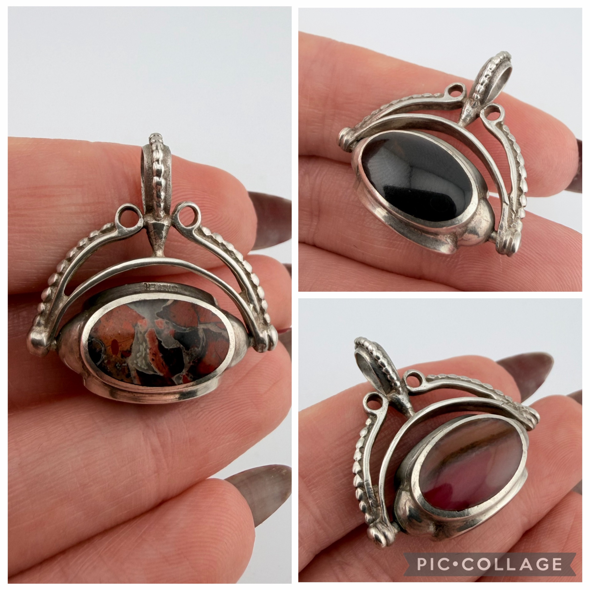 Vintage Sterling Silver, Triple Sided Jasper, Agate and Onyx Spinning Fob Pendant