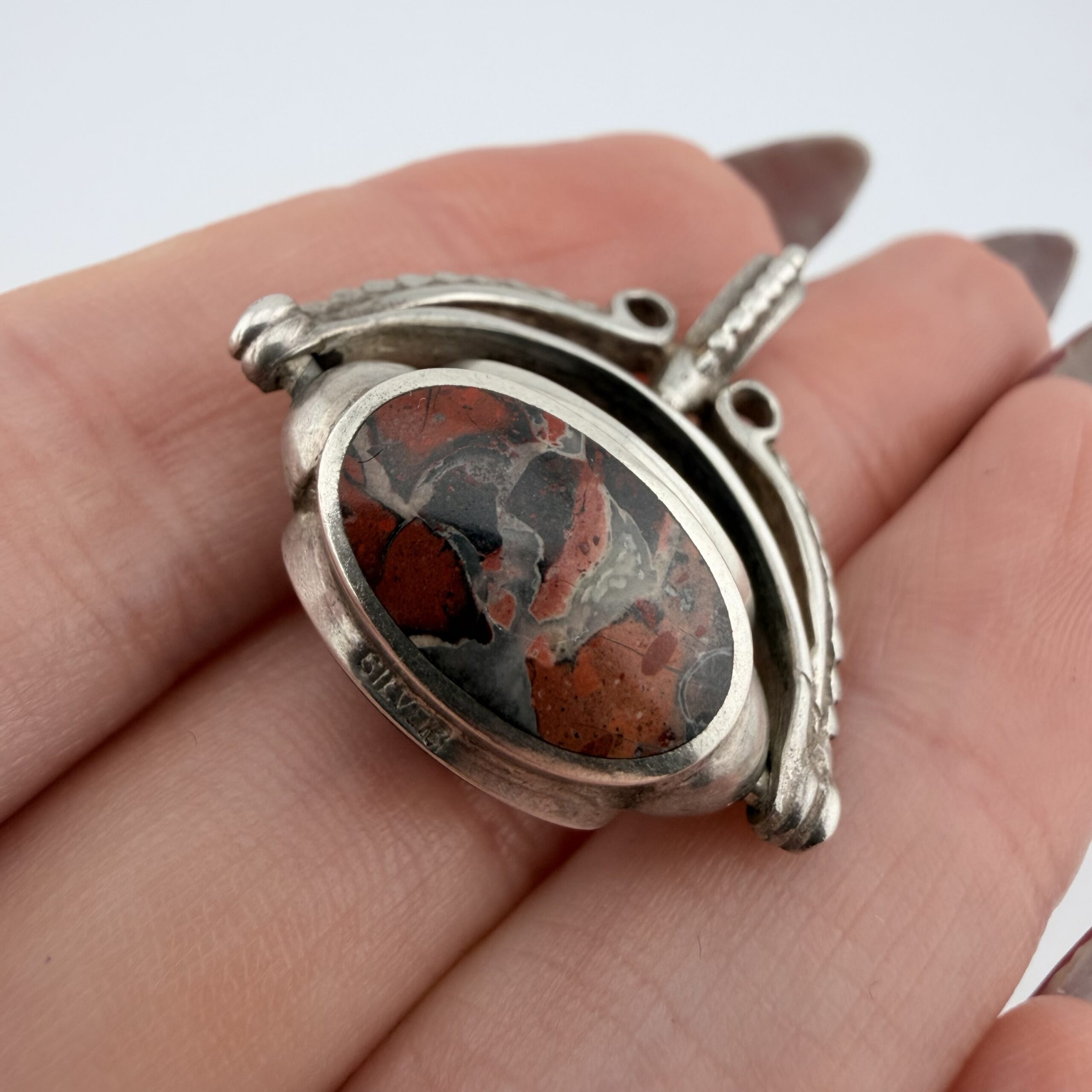 Vintage Sterling Silver, Triple Sided Jasper, Agate and Onyx Spinning Fob Pendant - Image 3
