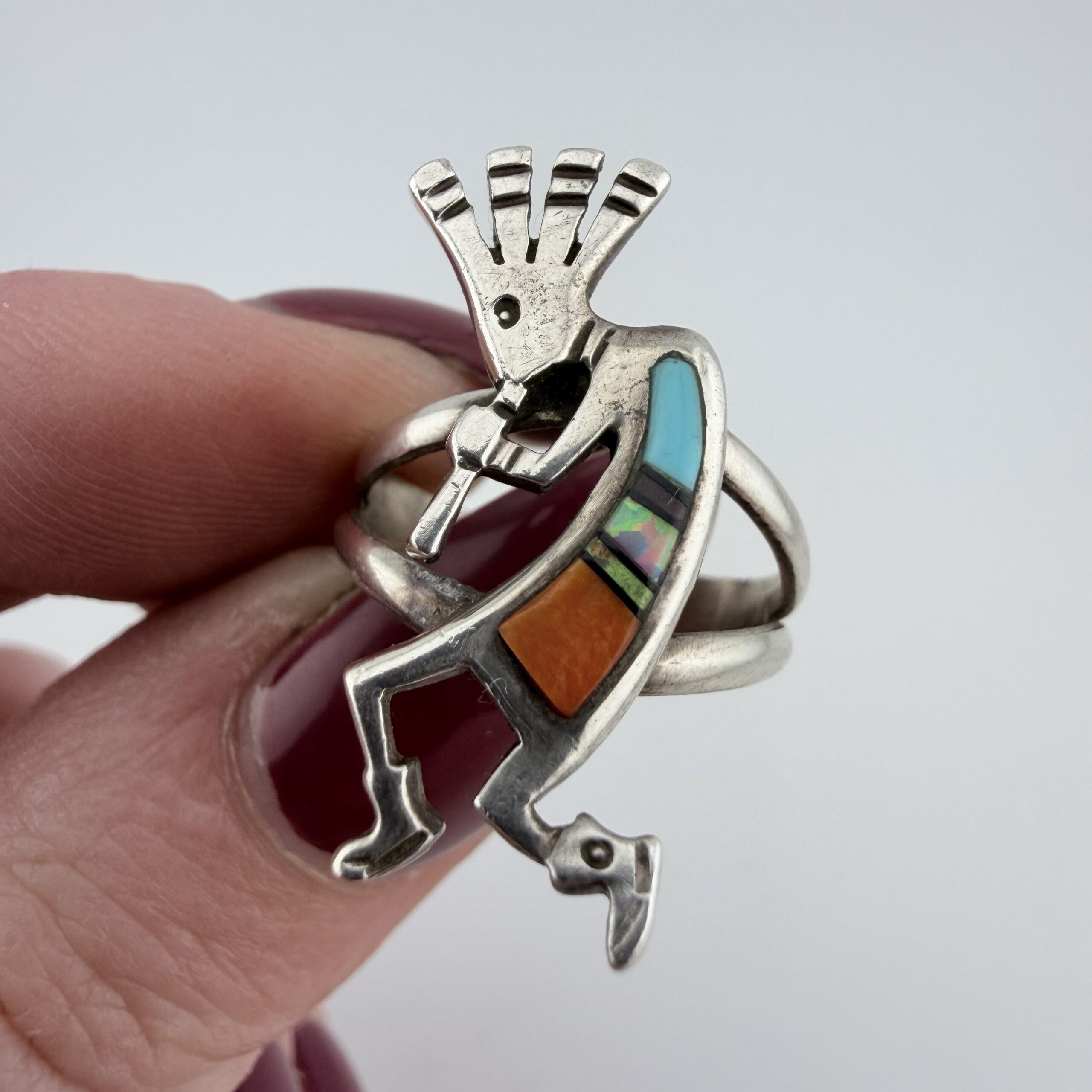 Vintage Native American Sterling Silver and Inlay Mosaic Kokopelli Flute Player Ring