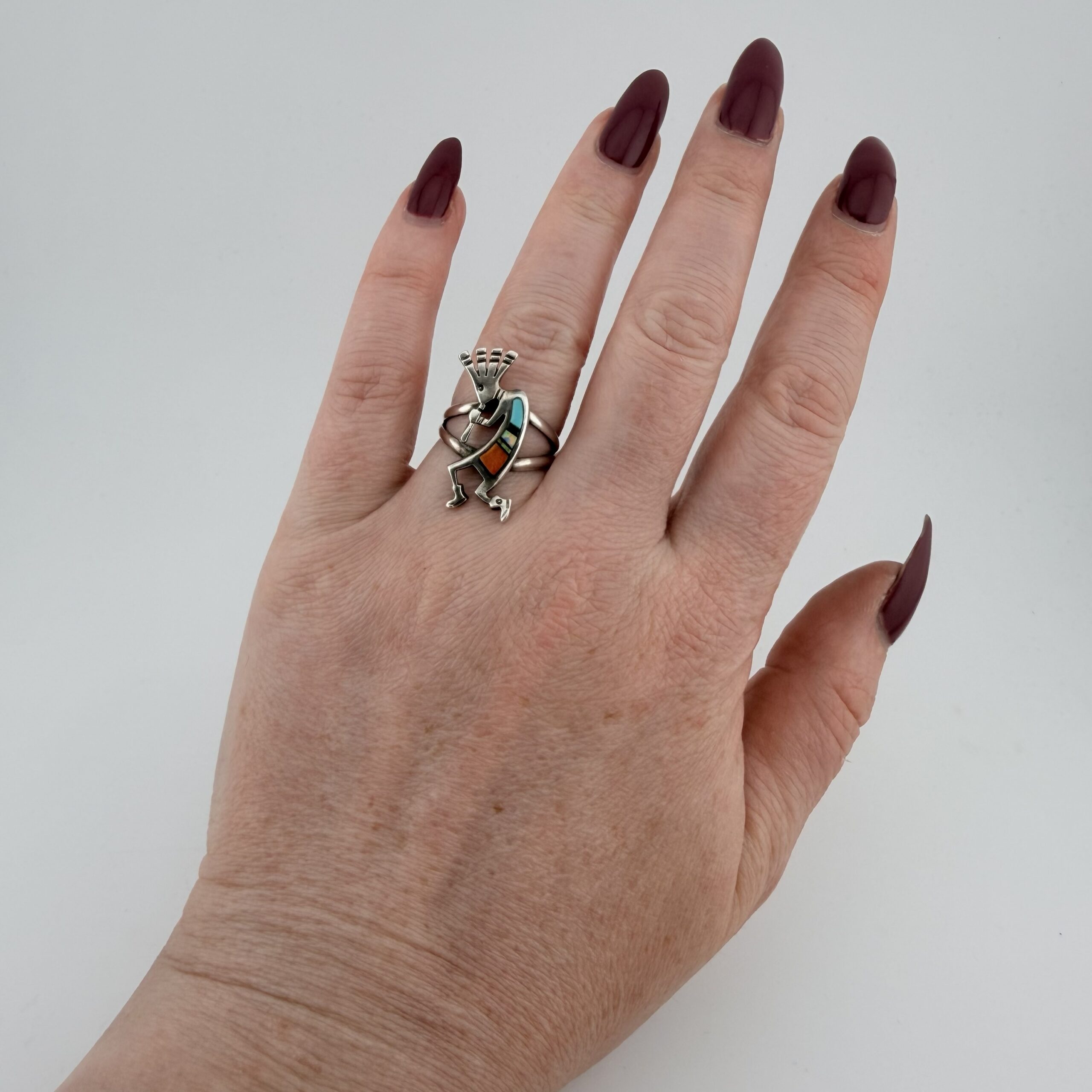 Vintage Native American Sterling Silver and Inlay Mosaic Kokopelli Flute Player Ring - Image 5