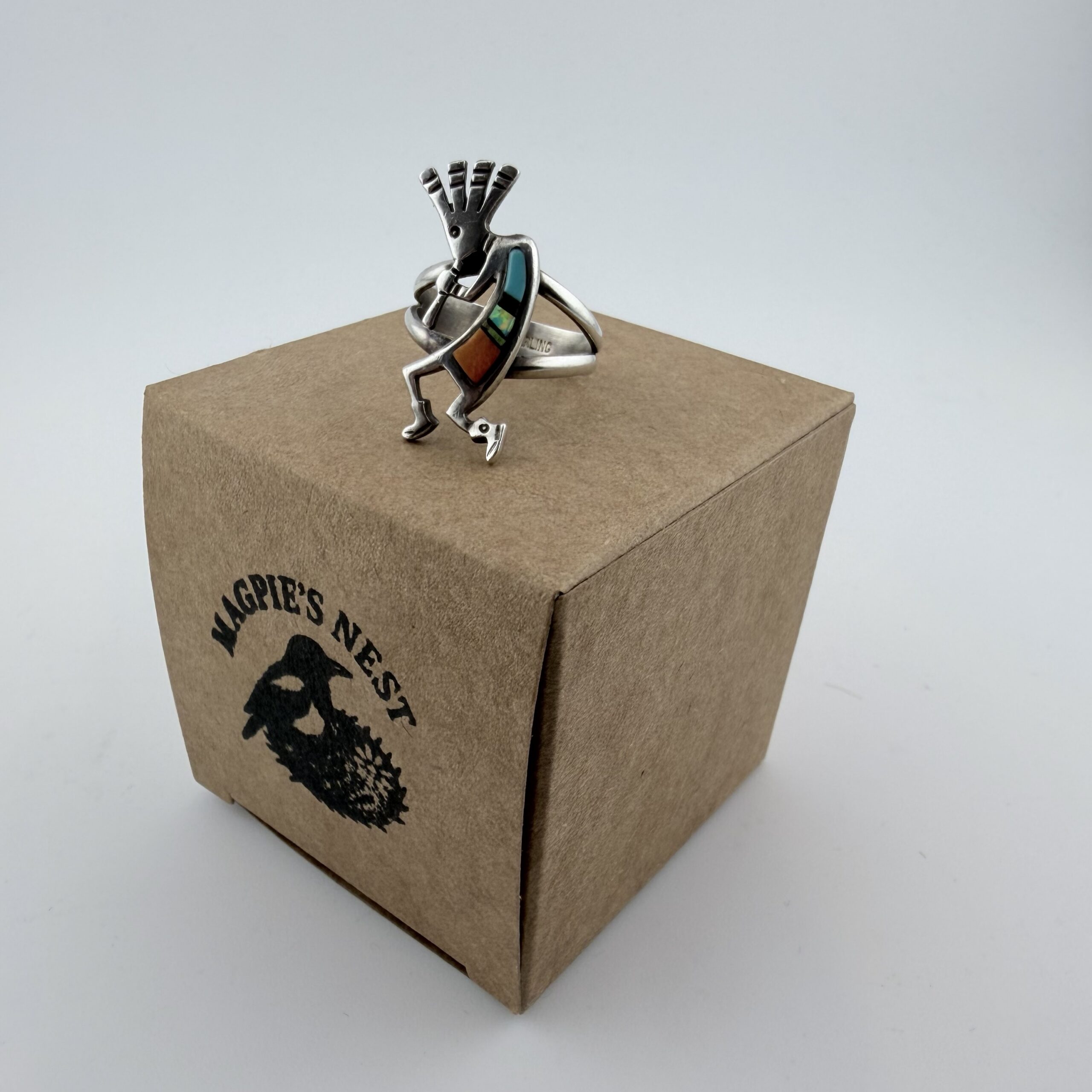 Vintage Native American Sterling Silver and Inlay Mosaic Kokopelli Flute Player Ring - Image 7