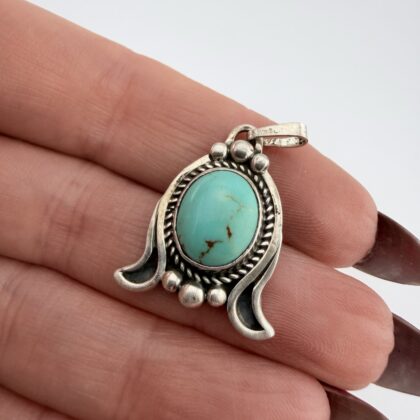 Vintage Richard Begay Native American Sterling Silver and Turquoise Squash Blossom Pendant