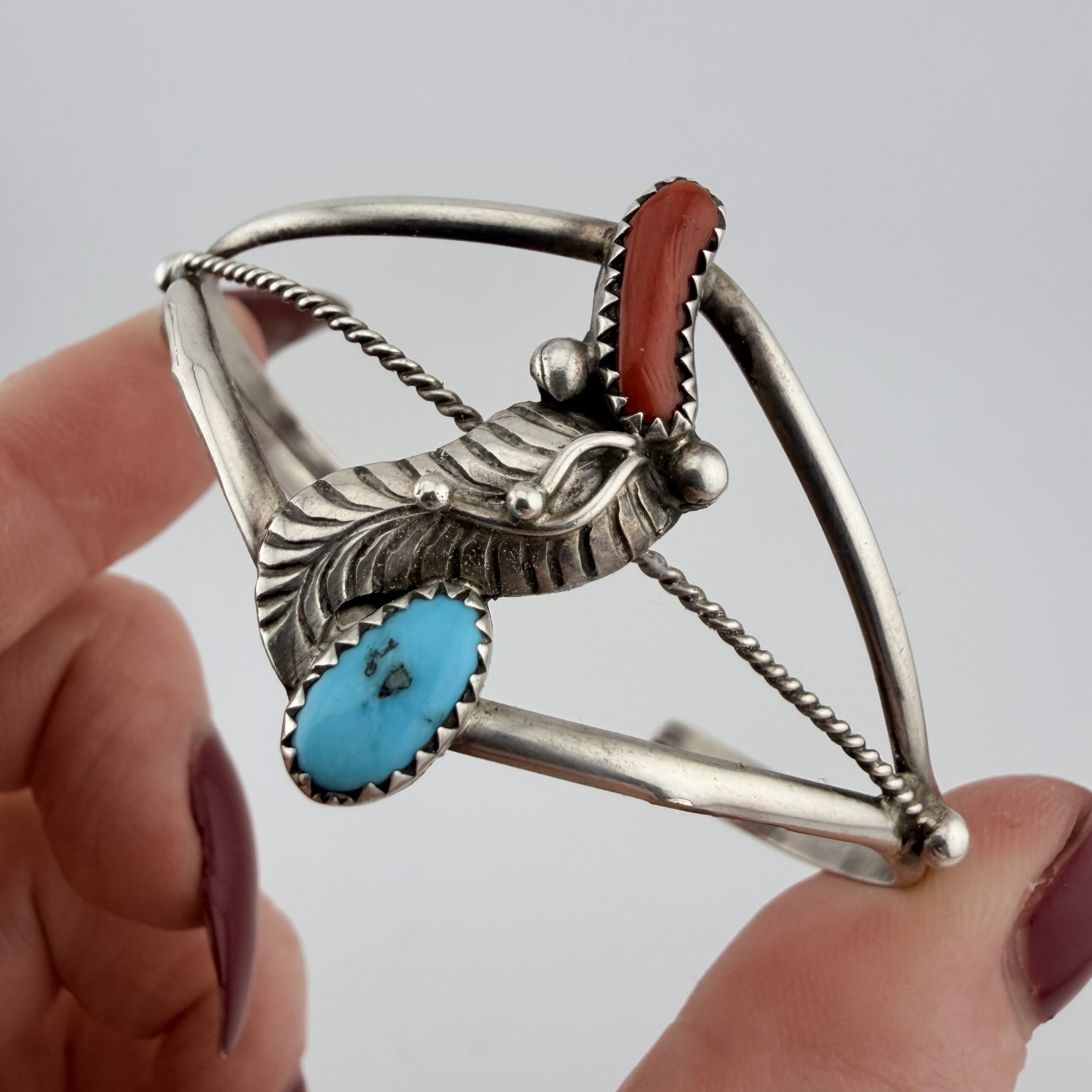 Vintage Native American Sterling Silver, Turquoise and Coral Cuff Bracelet