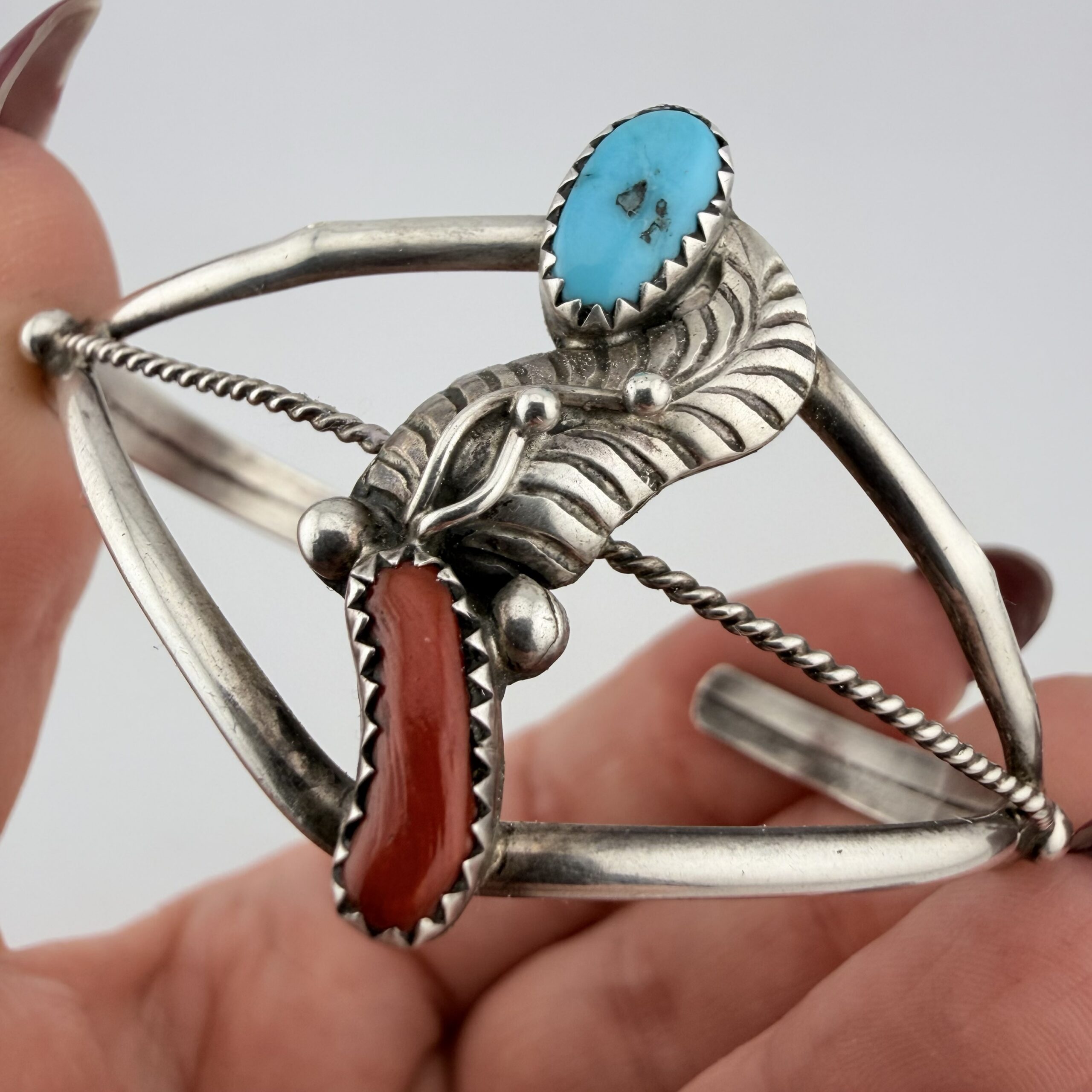 Vintage Native American Sterling Silver, Turquoise and Coral Cuff Bracelet - Image 2
