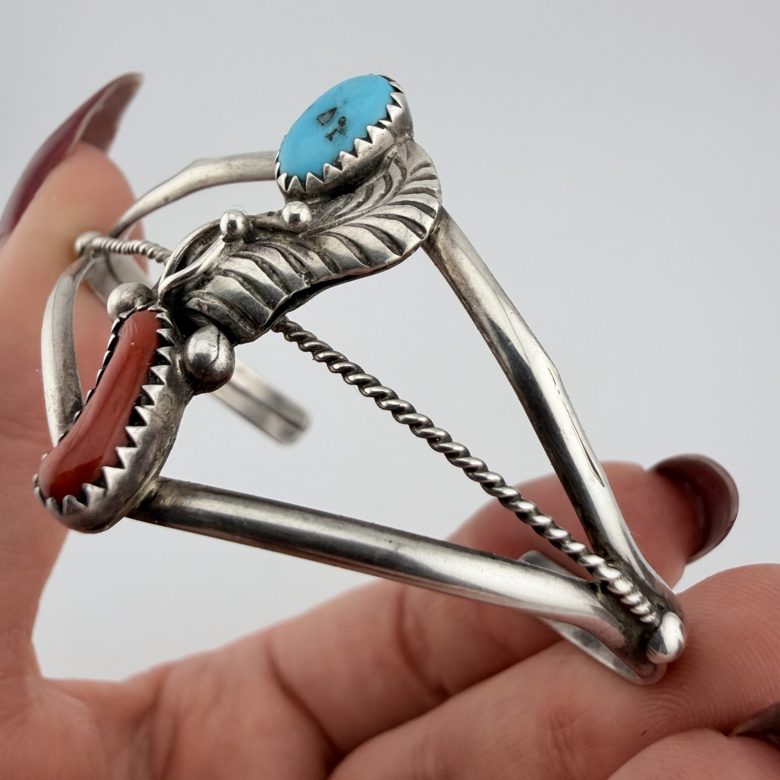 Vintage Native American Sterling Silver, Turquoise and Coral Cuff Bracelet - Image 3