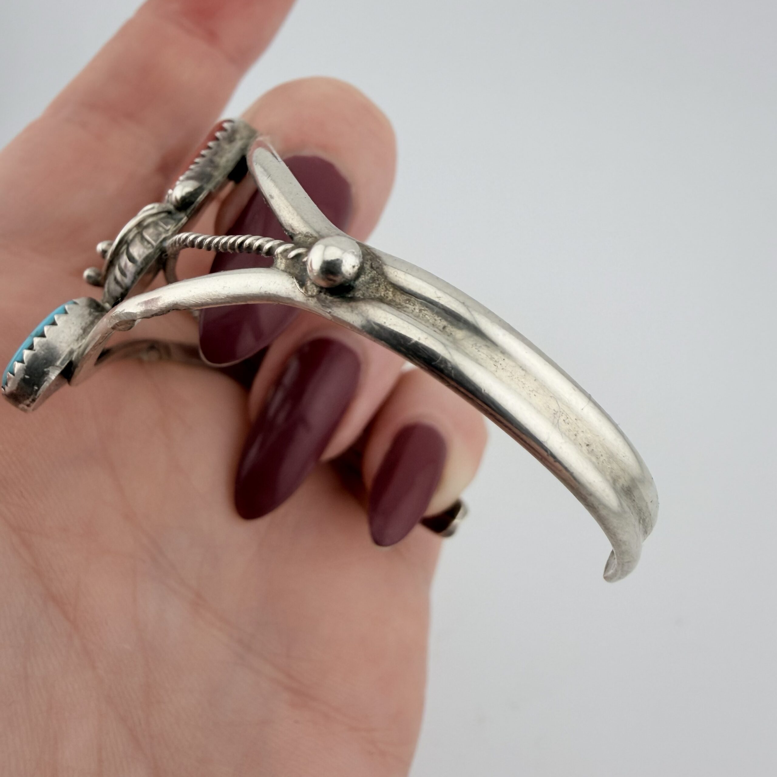 Vintage Native American Sterling Silver, Turquoise and Coral Cuff Bracelet - Image 4