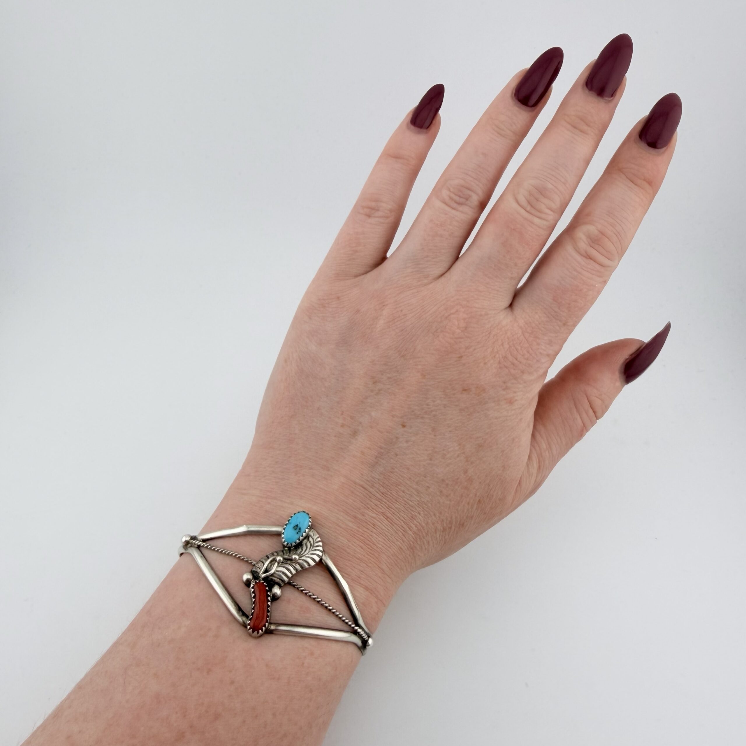 Vintage Native American Sterling Silver, Turquoise and Coral Cuff Bracelet - Image 6