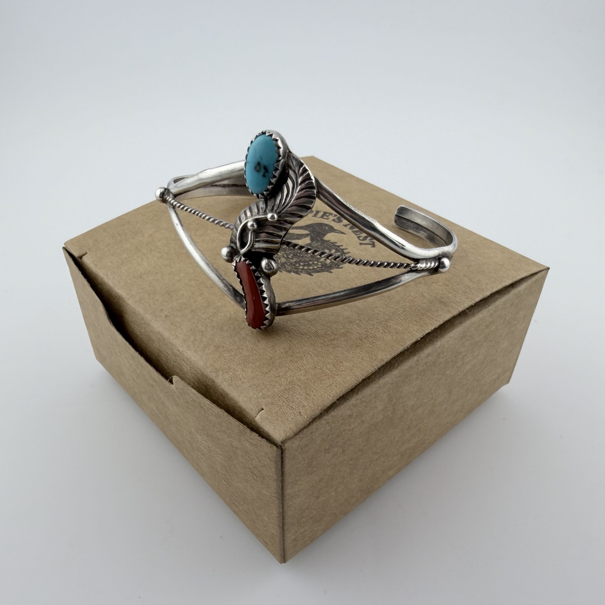 Vintage Native American Sterling Silver, Turquoise and Coral Cuff Bracelet - Image 9