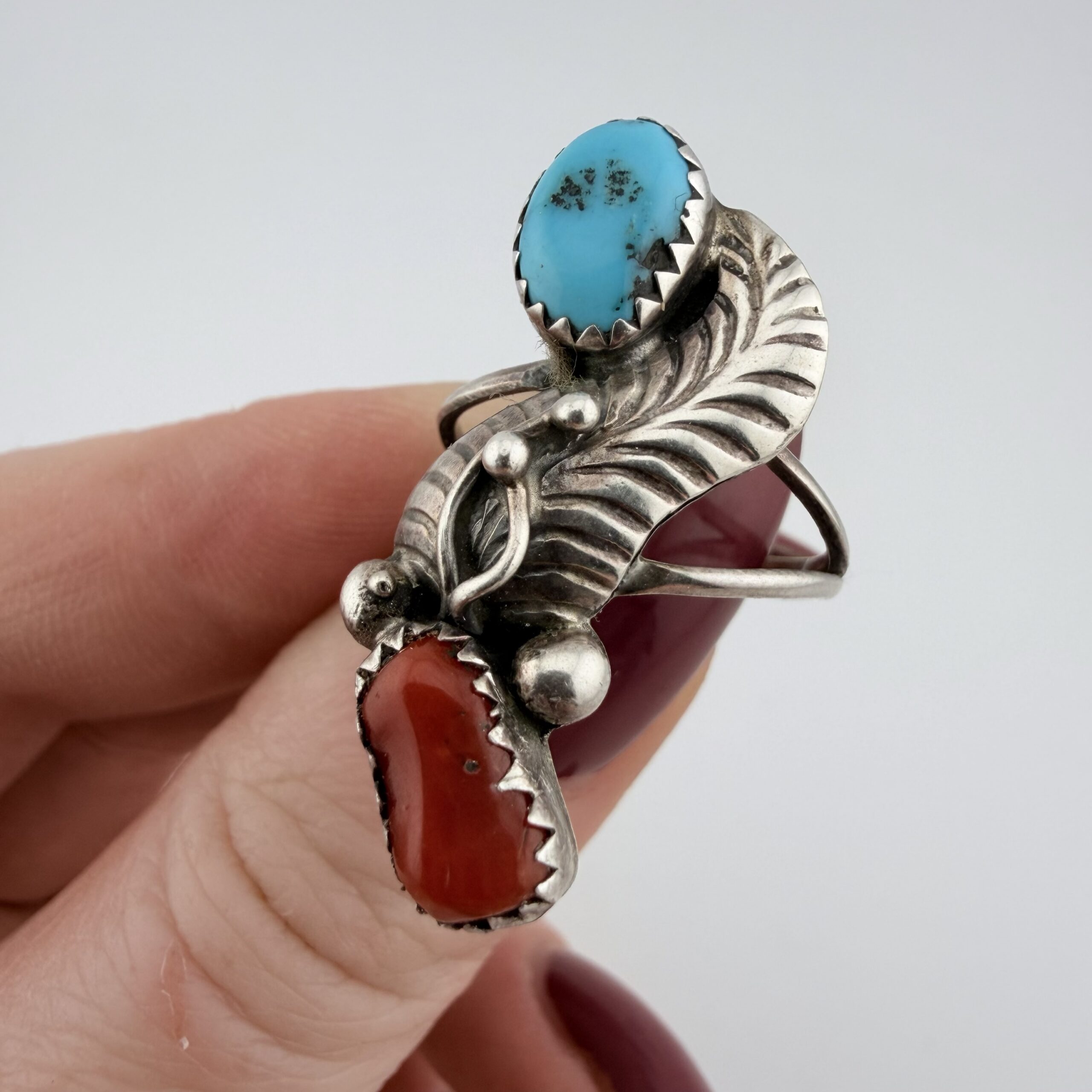 Vintage Native American Sterling Silver, Turquoise and Coral Ring