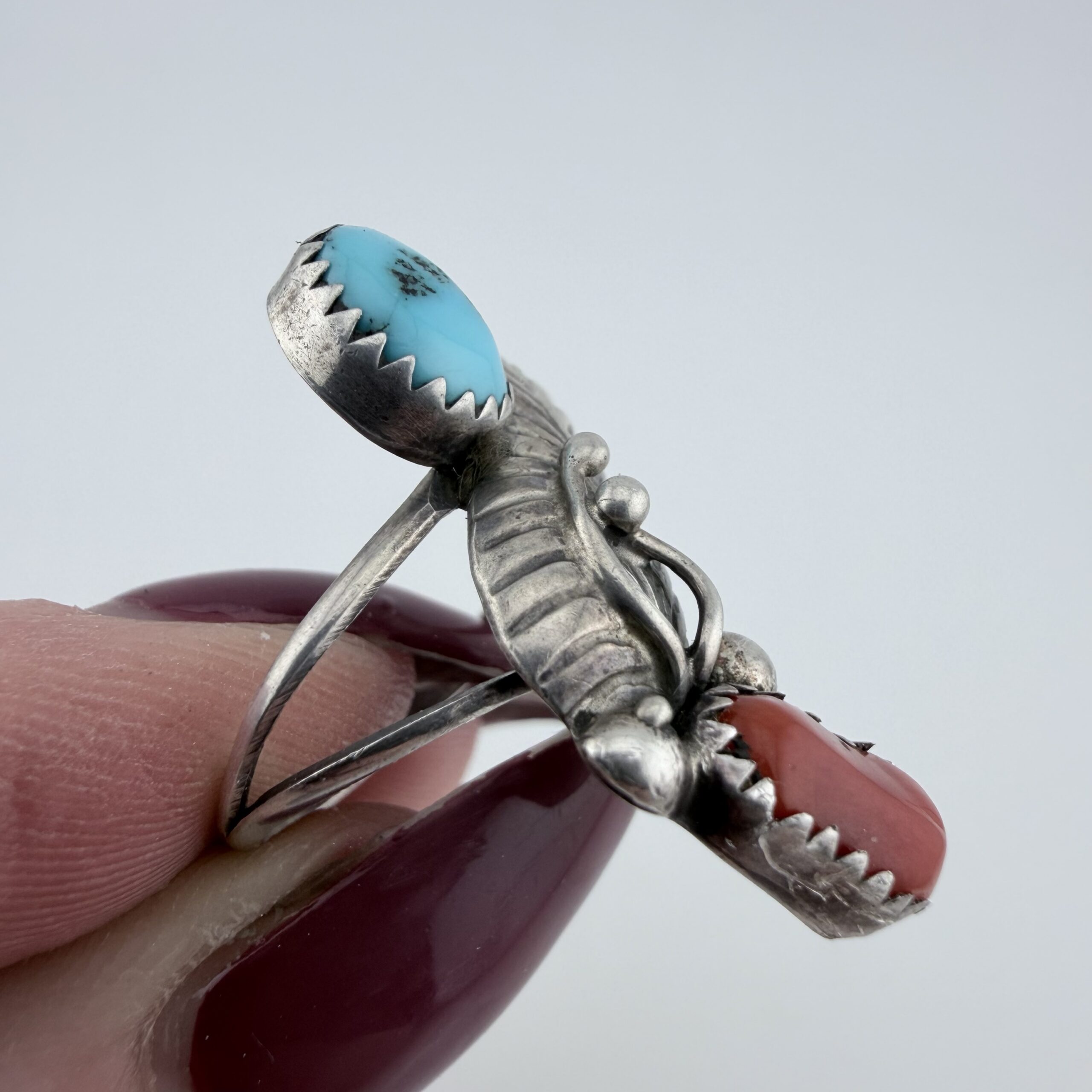 Vintage Native American Sterling Silver, Turquoise and Coral Ring - Image 2