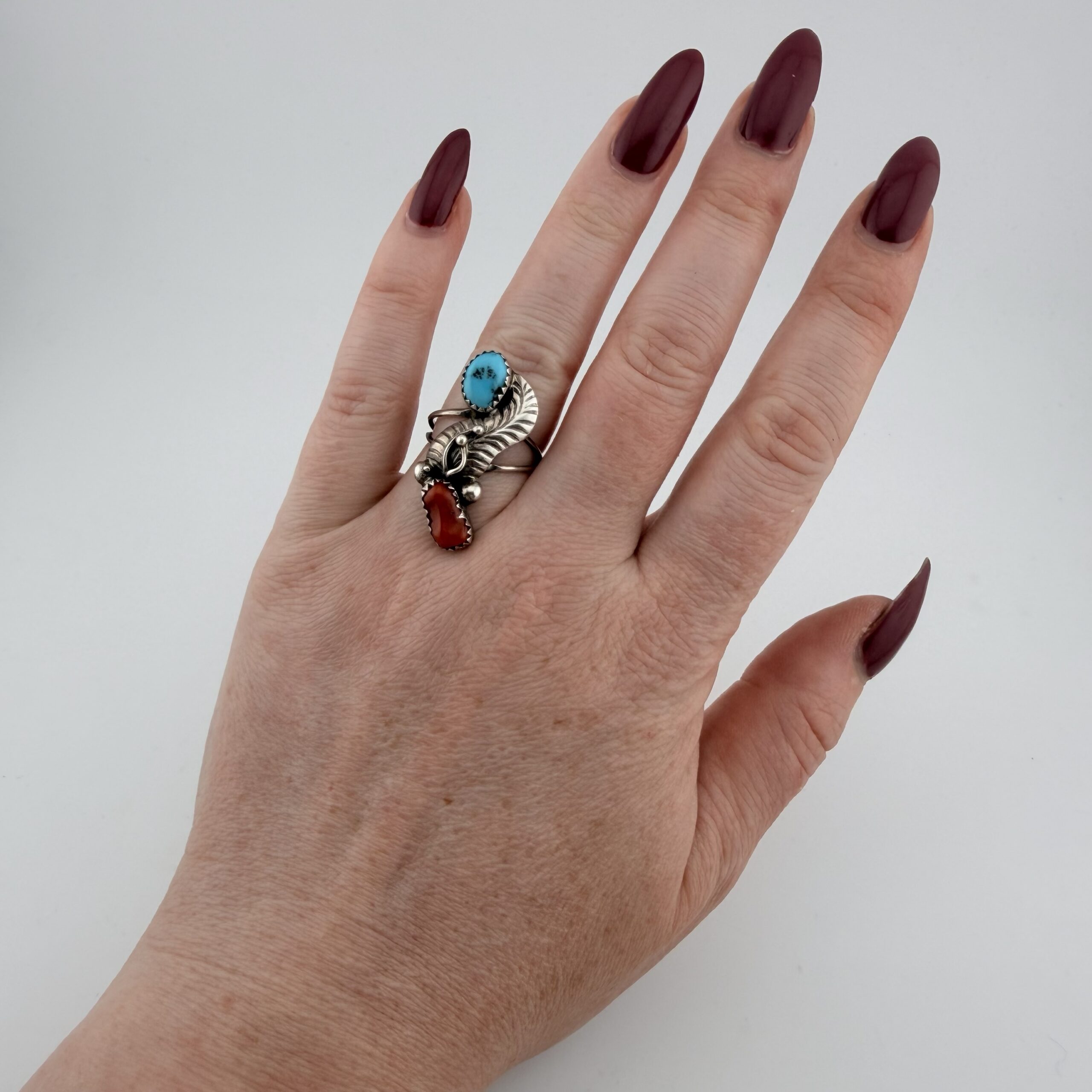 Vintage Native American Sterling Silver, Turquoise and Coral Ring - Image 6