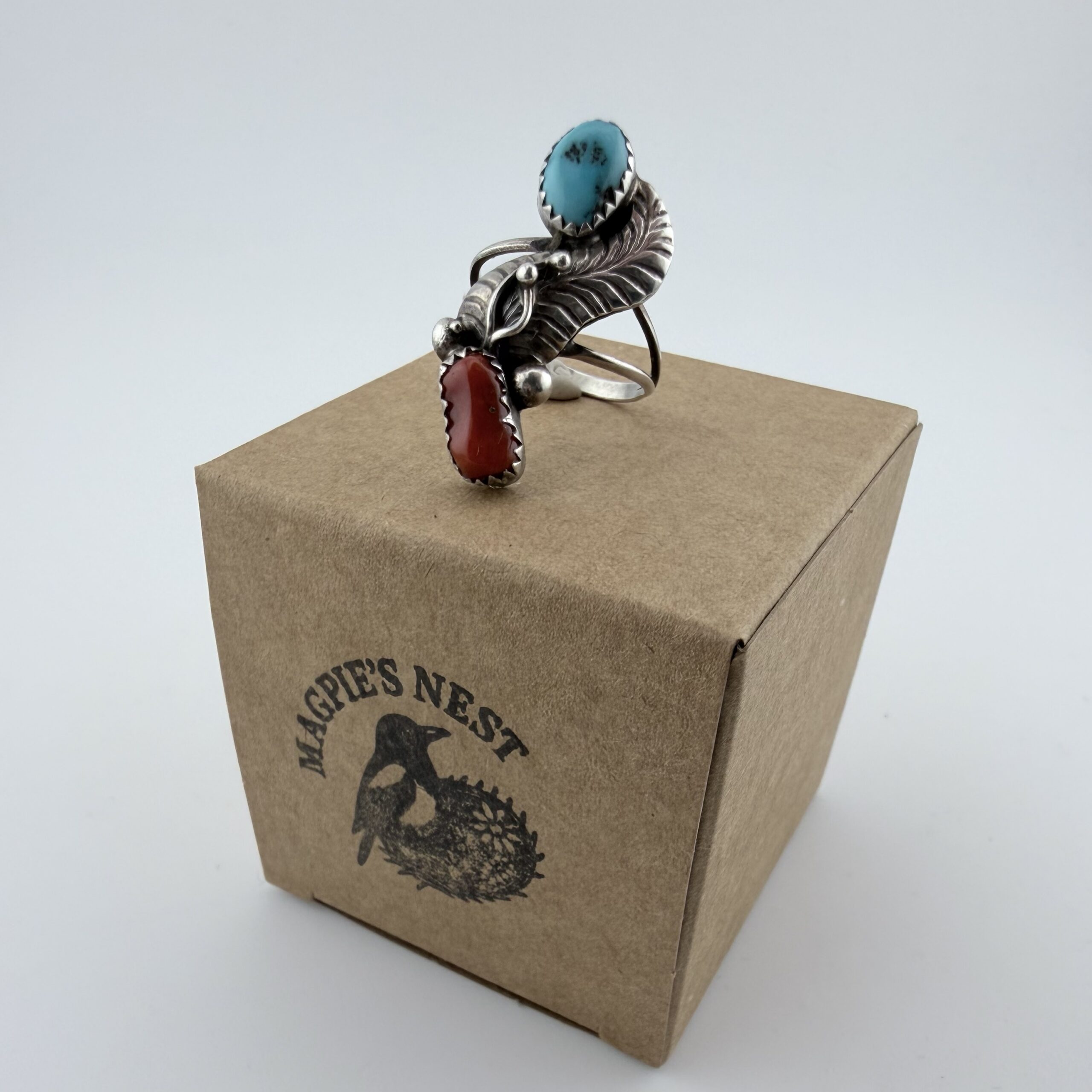 Vintage Native American Sterling Silver, Turquoise and Coral Ring - Image 8