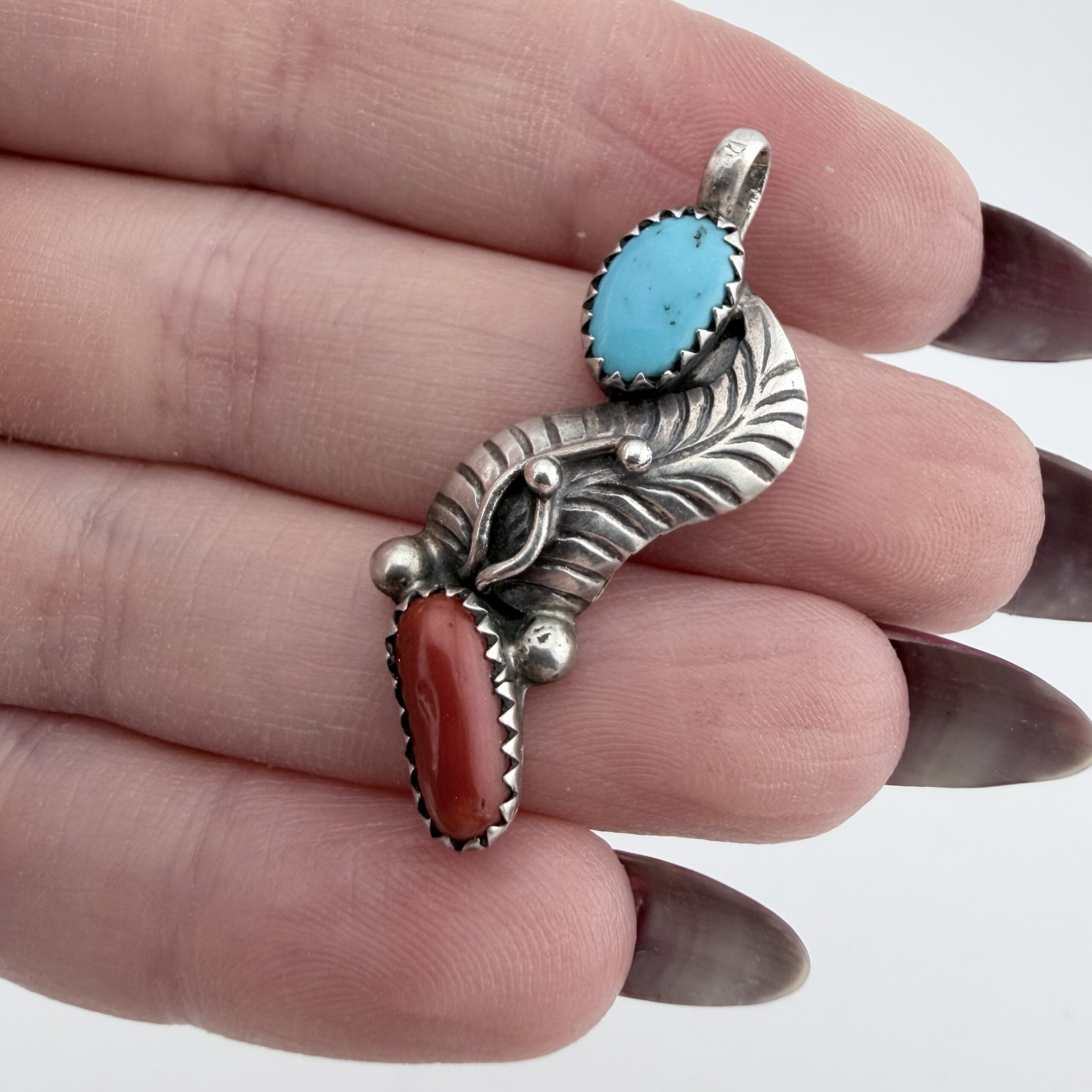 Vintage Native American Sterling Silver, Turquoise and Coral Pendant