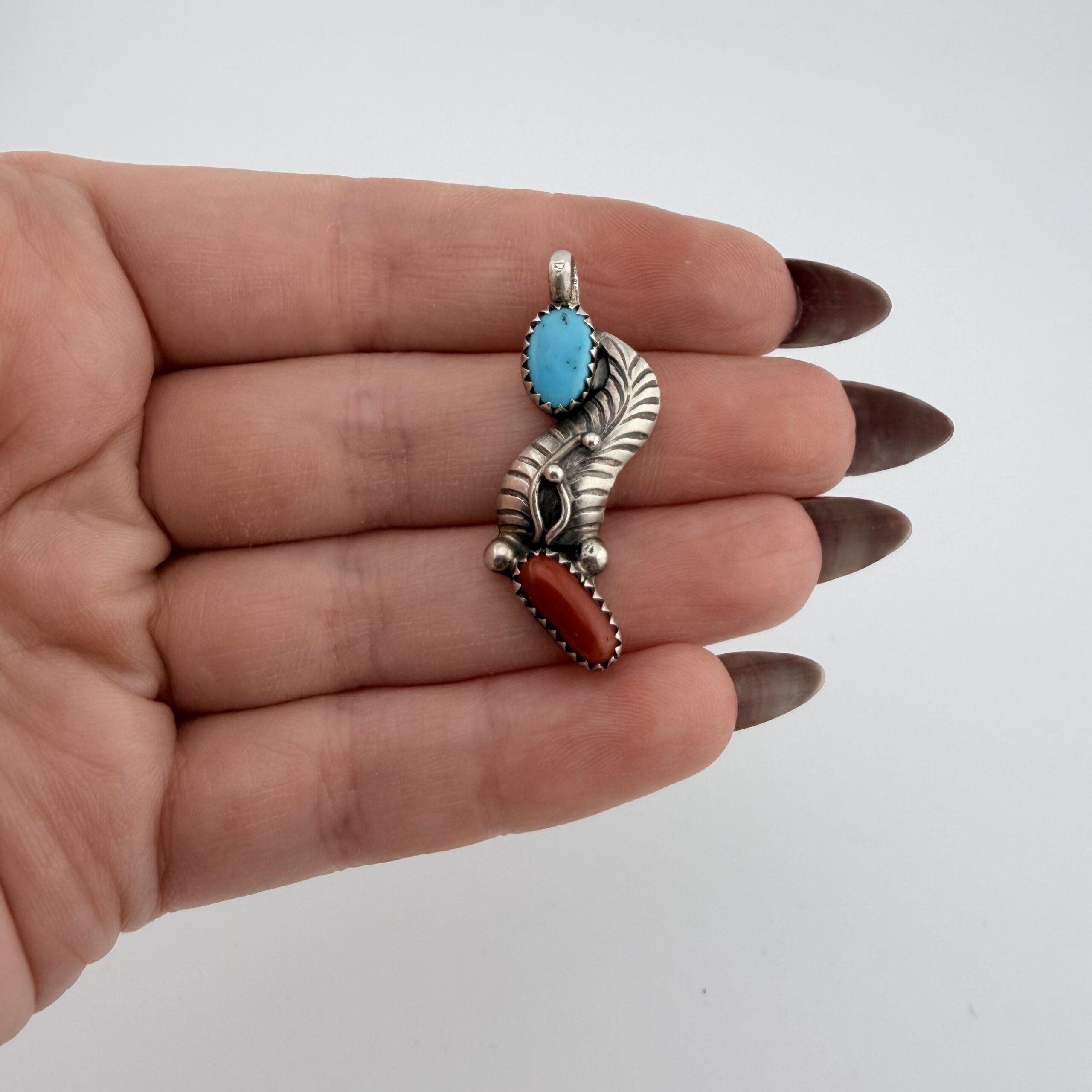 Vintage Native American Sterling Silver, Turquoise and Coral Pendant - Image 2