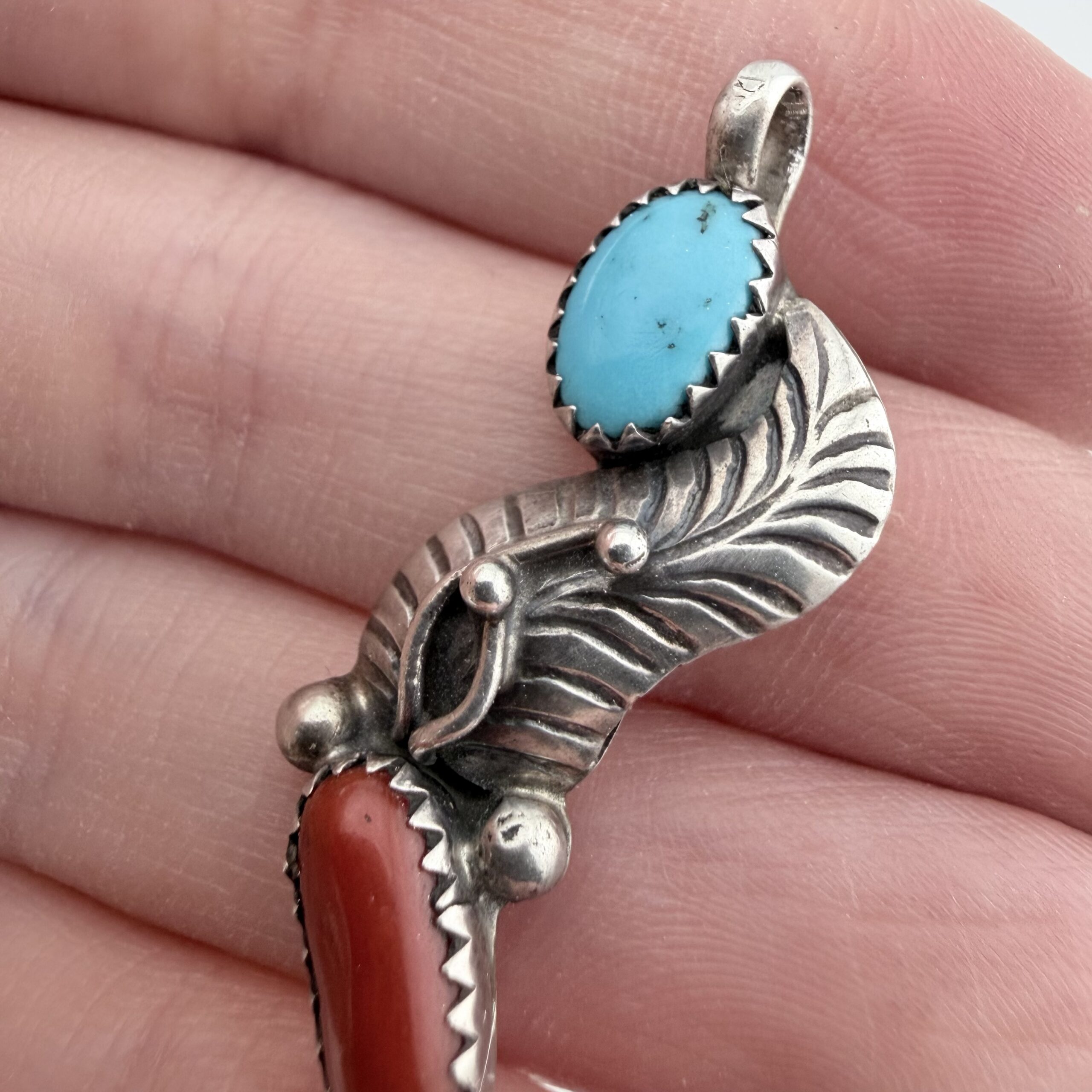 Vintage Native American Sterling Silver, Turquoise and Coral Pendant - Image 3