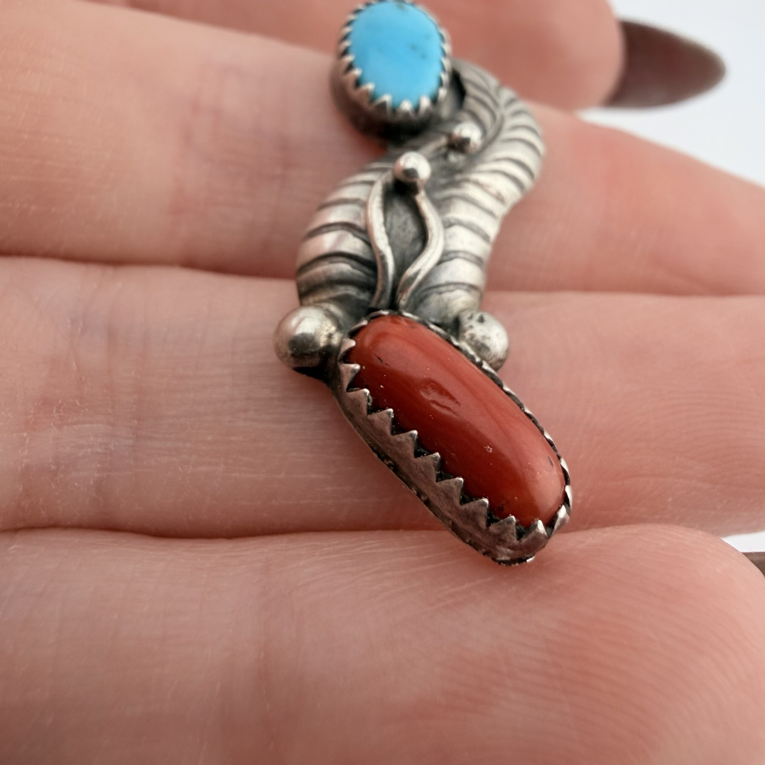 Vintage Native American Sterling Silver, Turquoise and Coral Pendant - Image 4