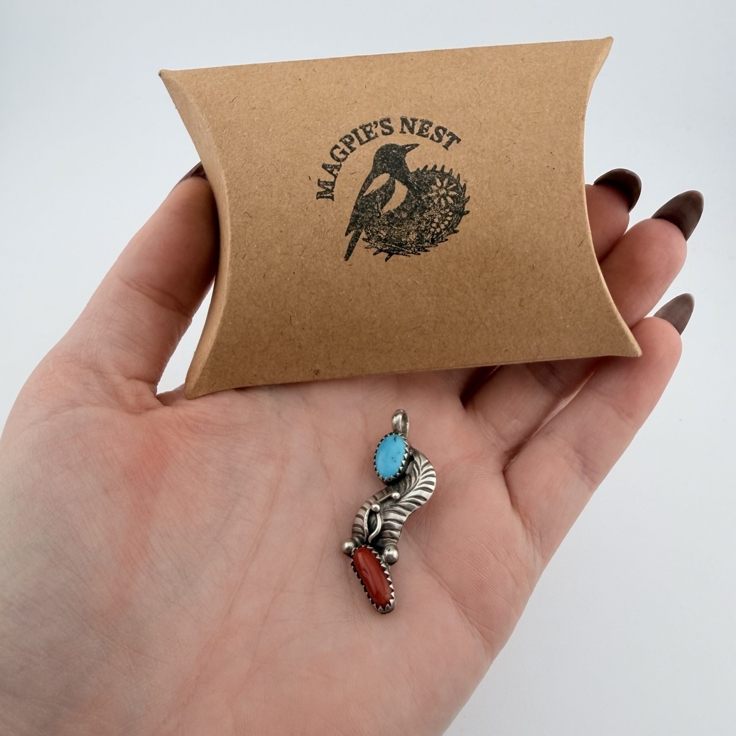 Vintage Native American Sterling Silver, Turquoise and Coral Pendant - Image 7