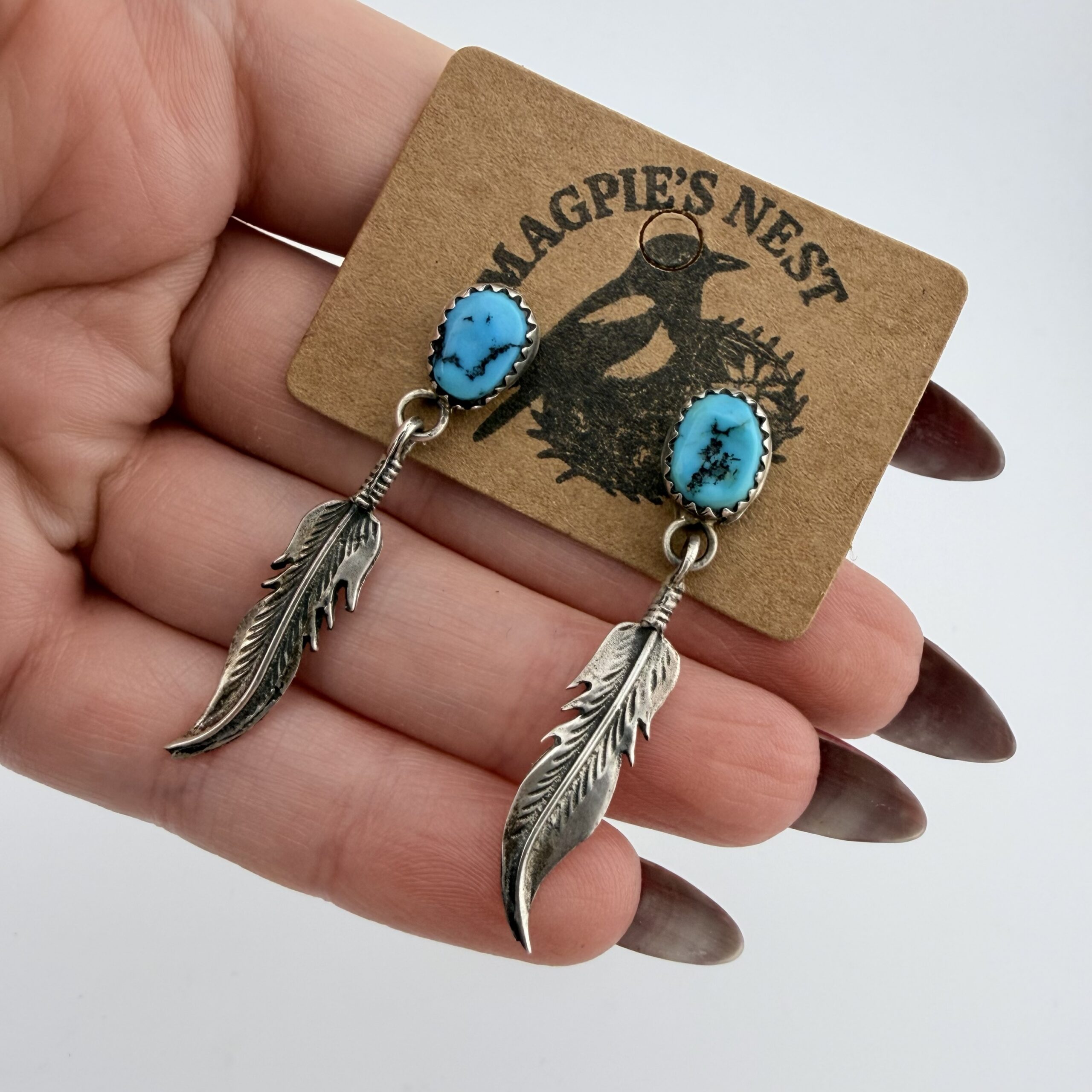 Vintage Native American Sterling Silver and Turquoise Feather Earrings - Image 6