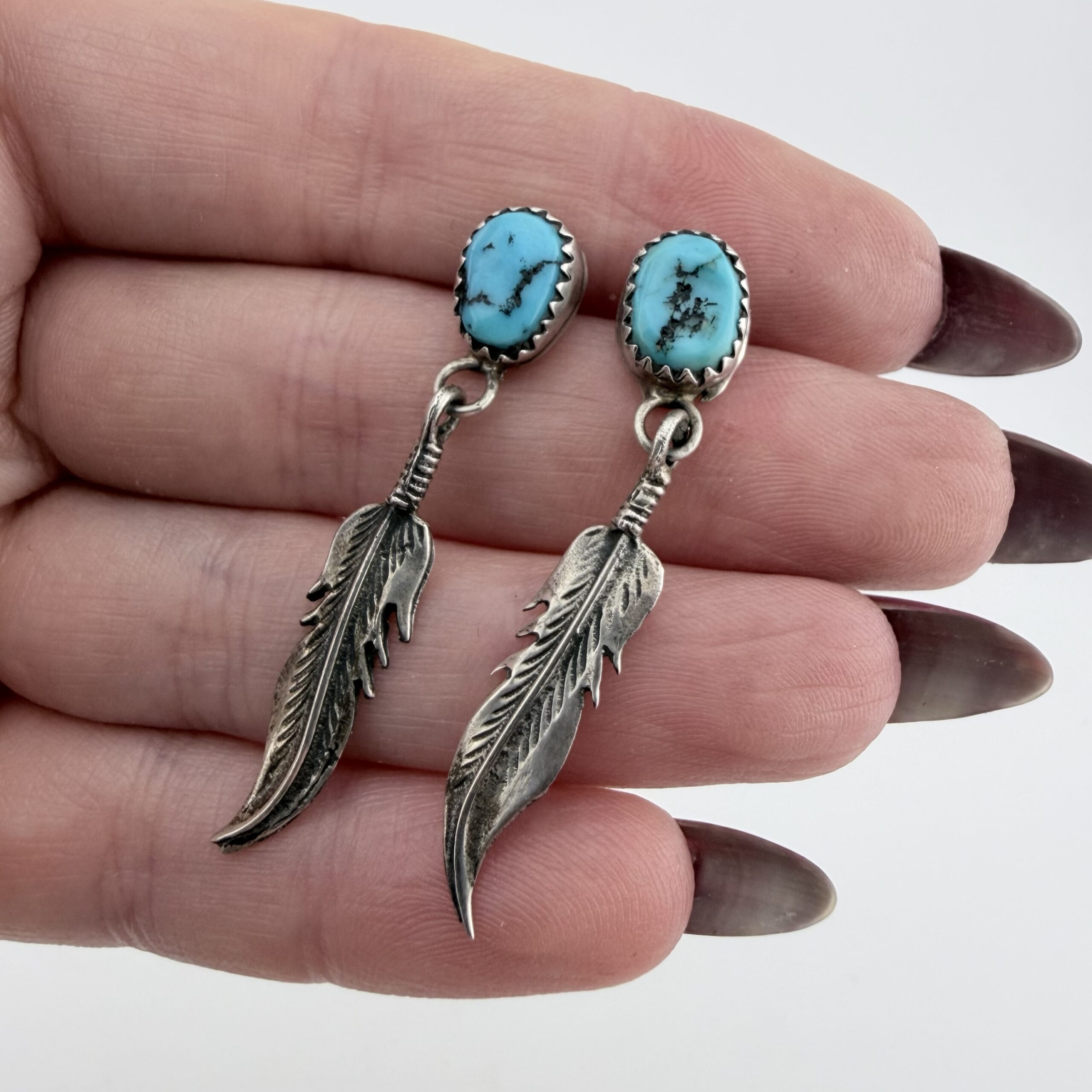 Vintage Native American Sterling Silver and Turquoise Feather Earrings
